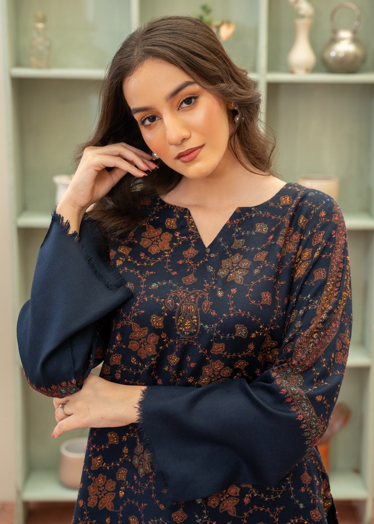 Naaz Couture Pashmina Wool Embroidered Coord Set Navy Blue Women 2pcs