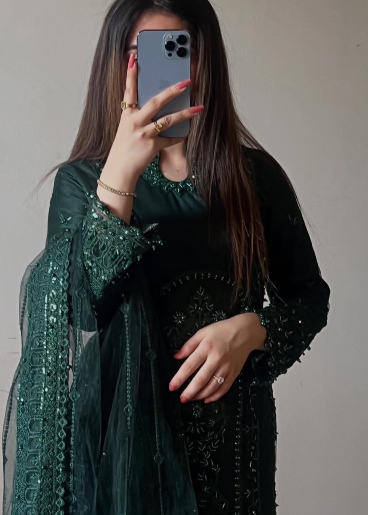 Suits By Sadia Bottle green net Women 3pcs