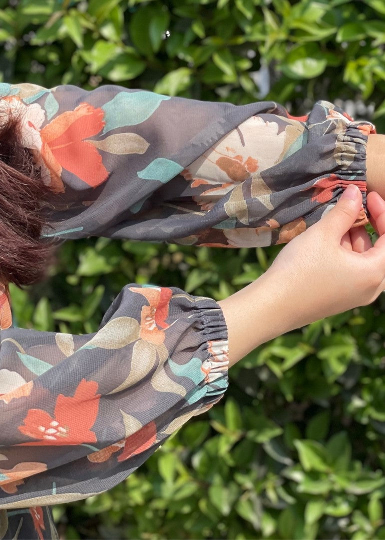 Haya'S Creation Printed Chiffon Dark Grey Dress Women 2pcs