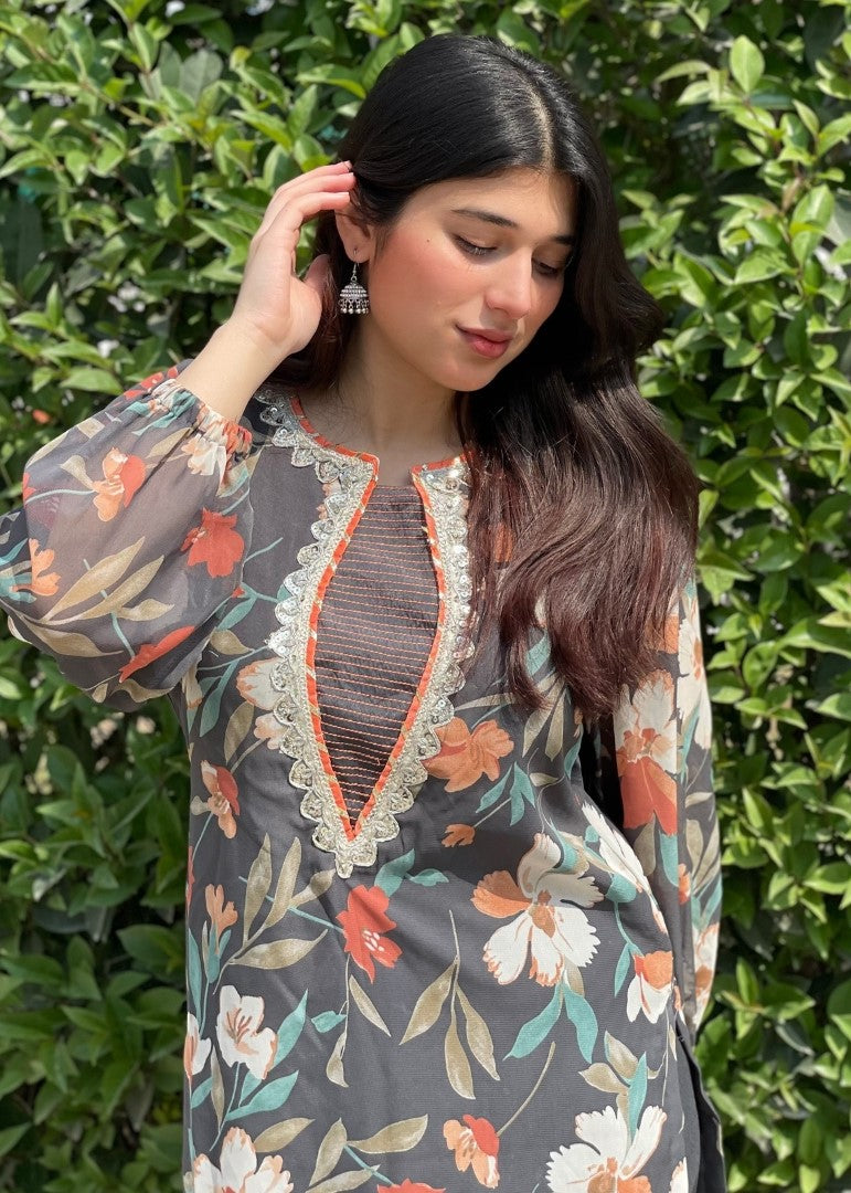 Haya'S Creation Printed Chiffon Dark Grey Dress Women 2pcs