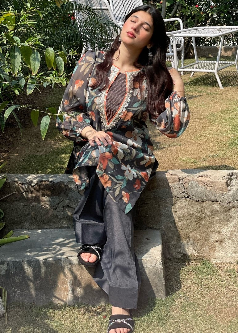 Haya'S Creation Printed Chiffon Dark Grey Dress Women 2pcs