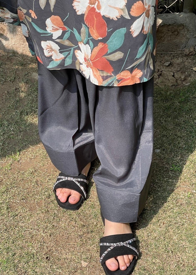 Haya'S Creation Printed Chiffon Dark Grey Dress Women 2pcs