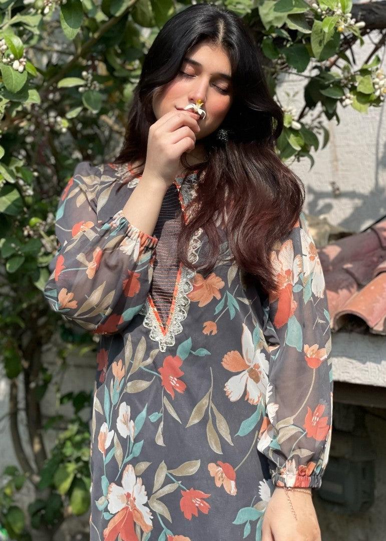 Haya'S Creation Printed Chiffon Dark Grey Dress Women 2pcs