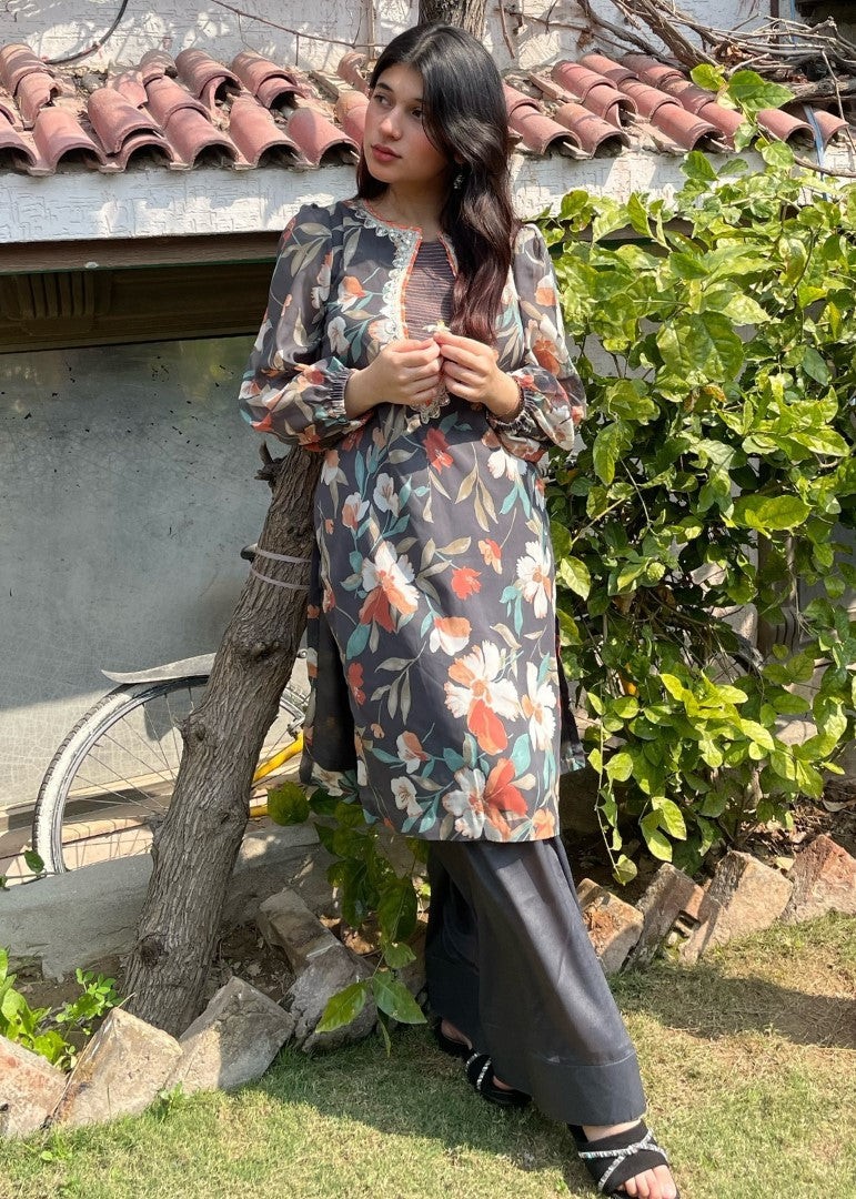 Haya'S Creation Printed Chiffon Dark Grey Dress Women 2pcs