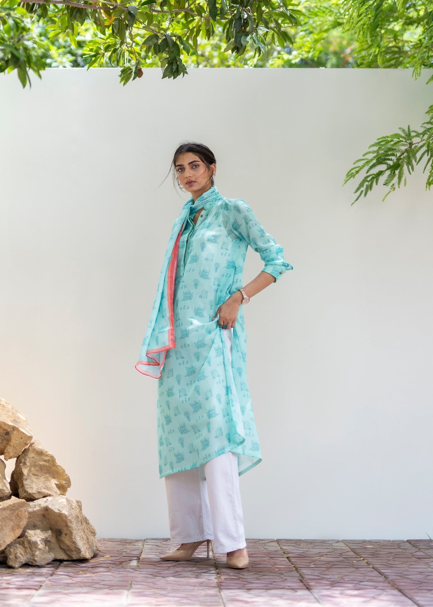 Daak & Co. Mughal Kurta Ice Blue (Shirt & Slip) Women 1pcs