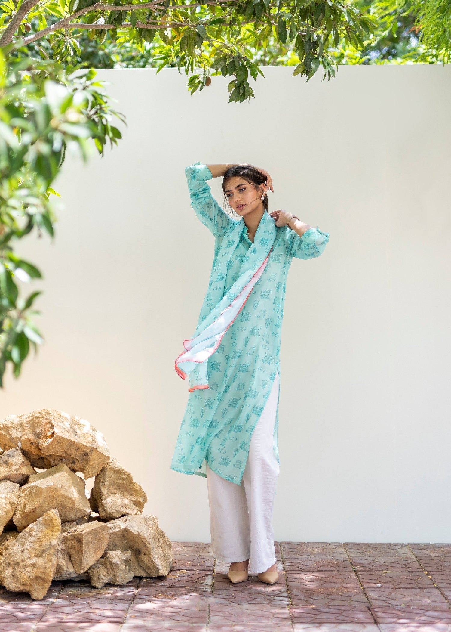 Daak & Co. Mughal Kurta Ice Blue (Shirt & Slip) Women 1pcs