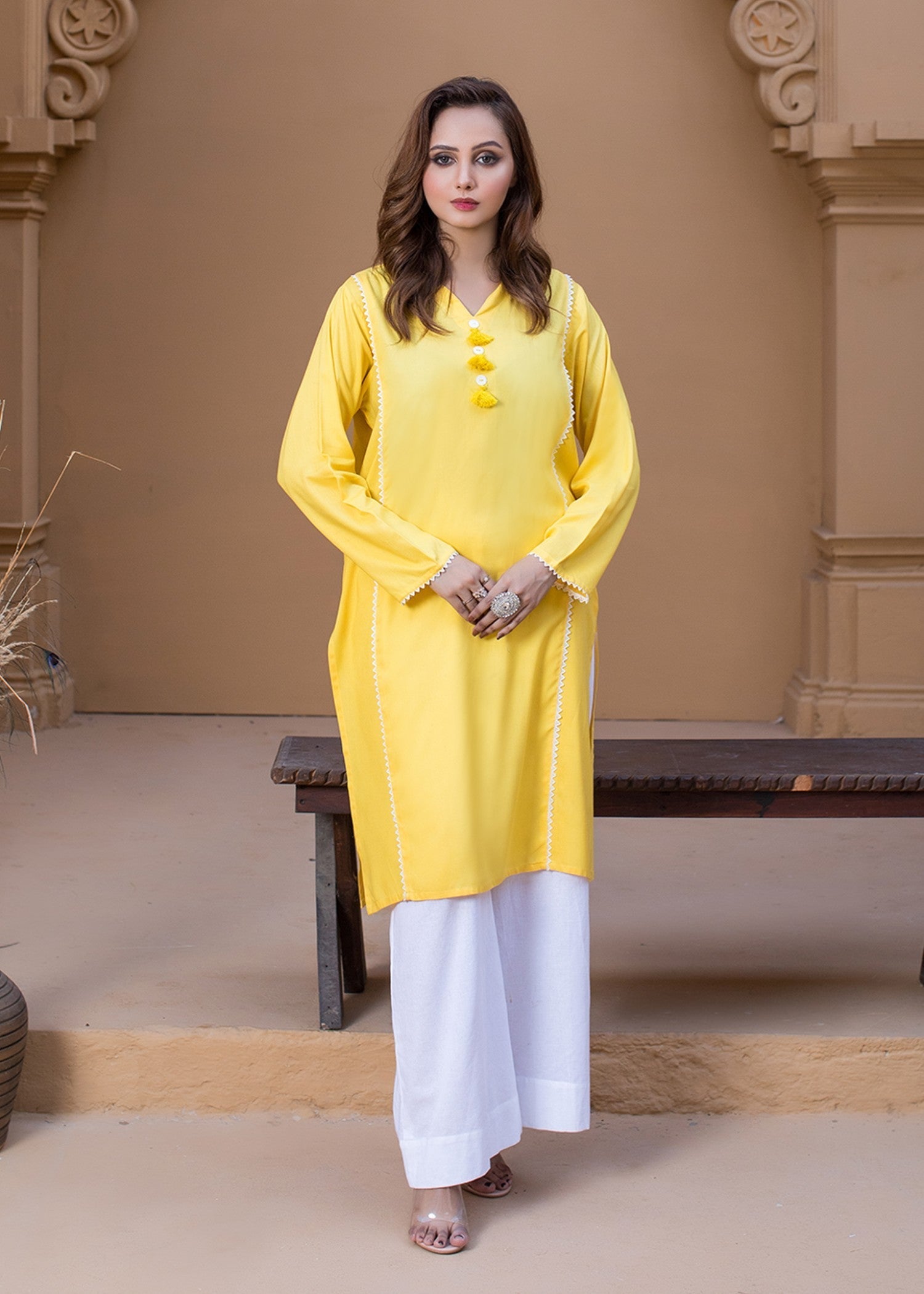 Urban Cut Yellow Kurti Women 1pcs