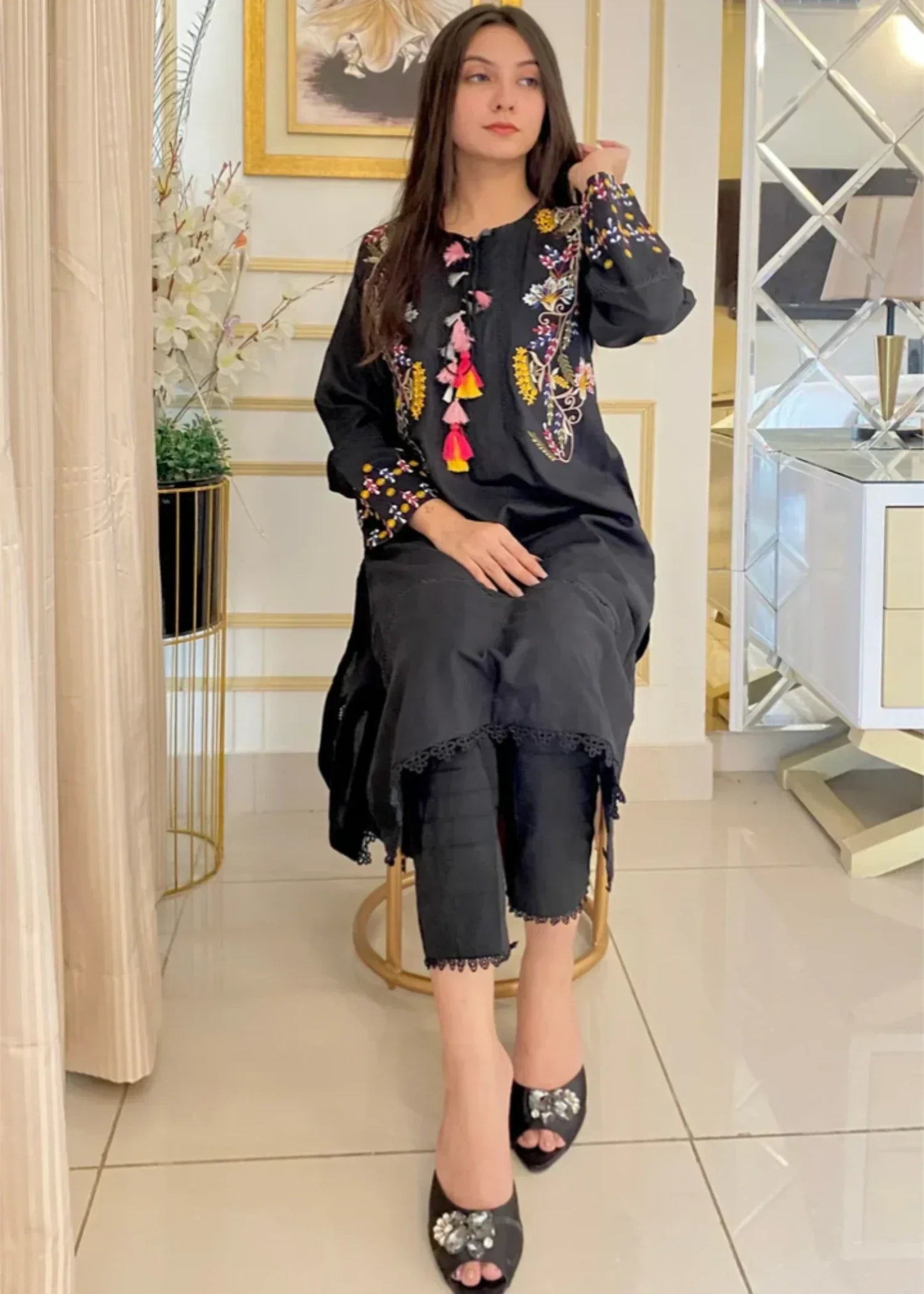 Urban Cut Embroidered Kurta Premium & Comfortable Black Women 1pcs
