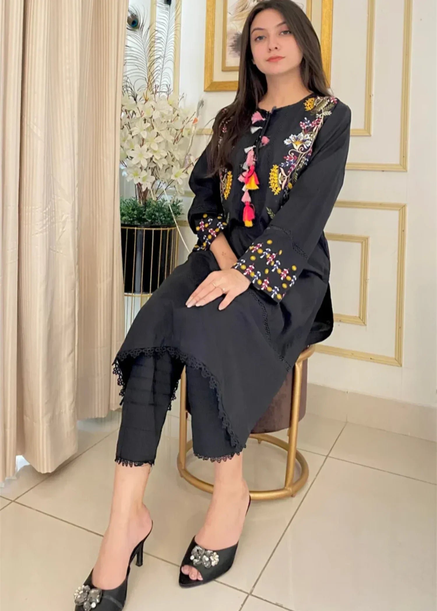 Urban Cut Embroidered Kurta Premium & Comfortable Black Women 1pcs