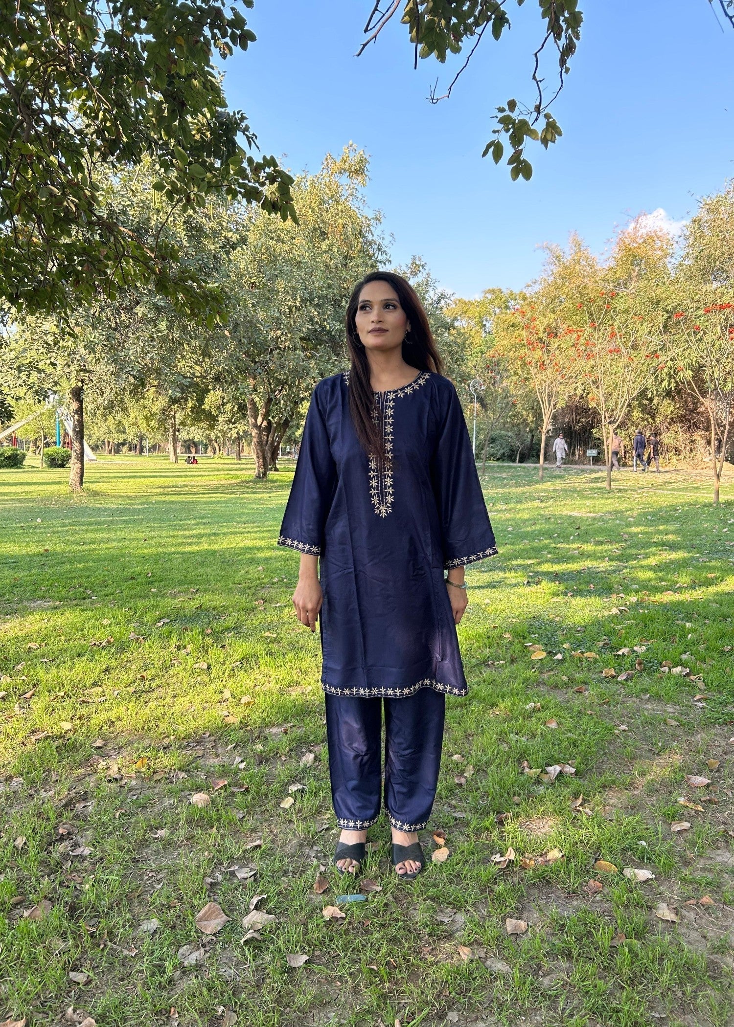 Sabahaats Casual Blue Linen Dress | Summer Embroidery Set Women 2pcs