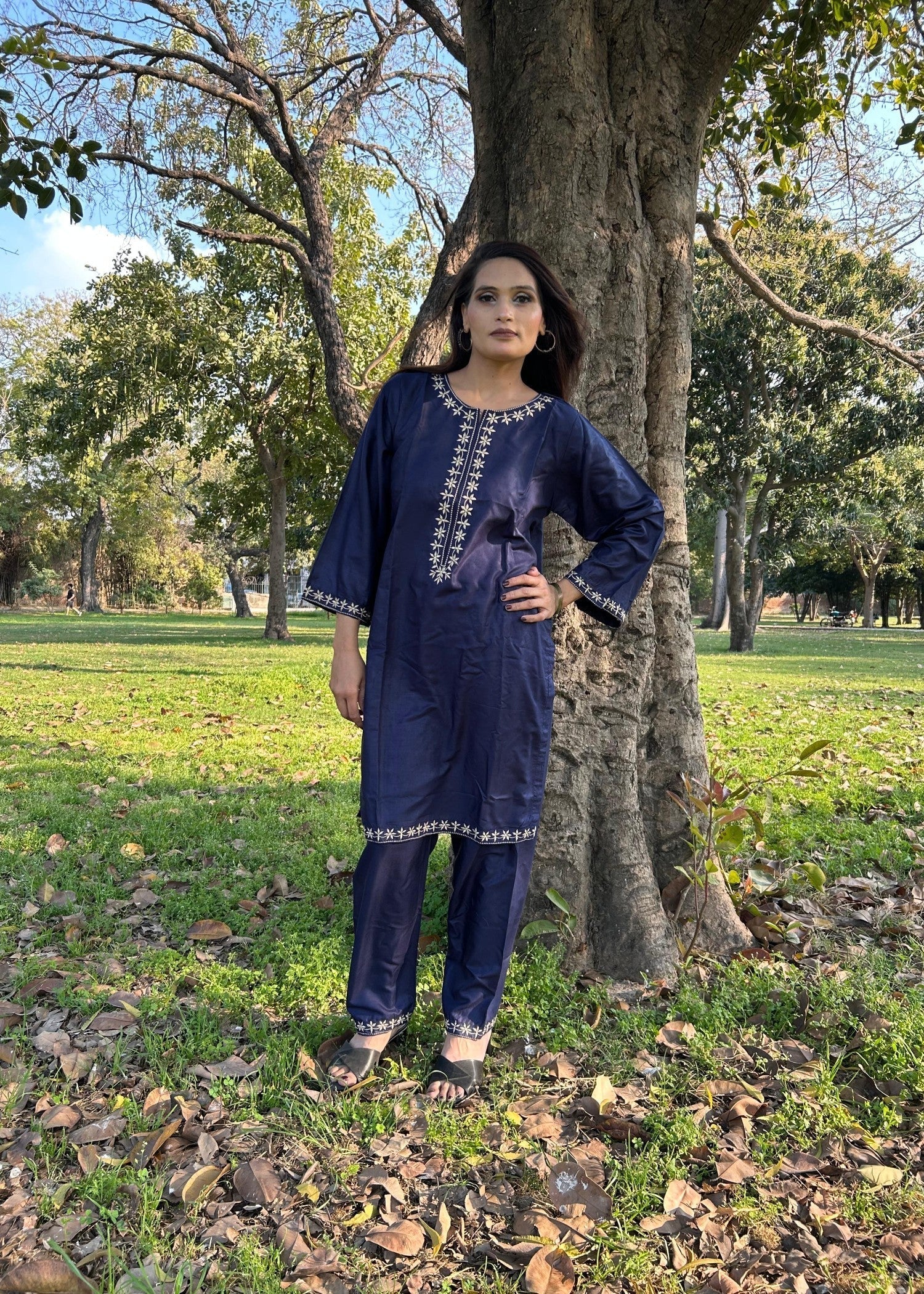 Sabahaats Casual Blue Linen Dress | Summer Embroidery Set Women 2pcs