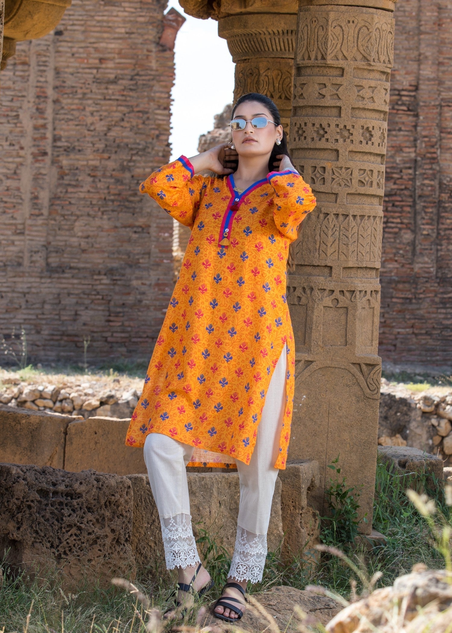 Urban Cut Printed Cotton Stitched Kurta Yellow Women 1pcs