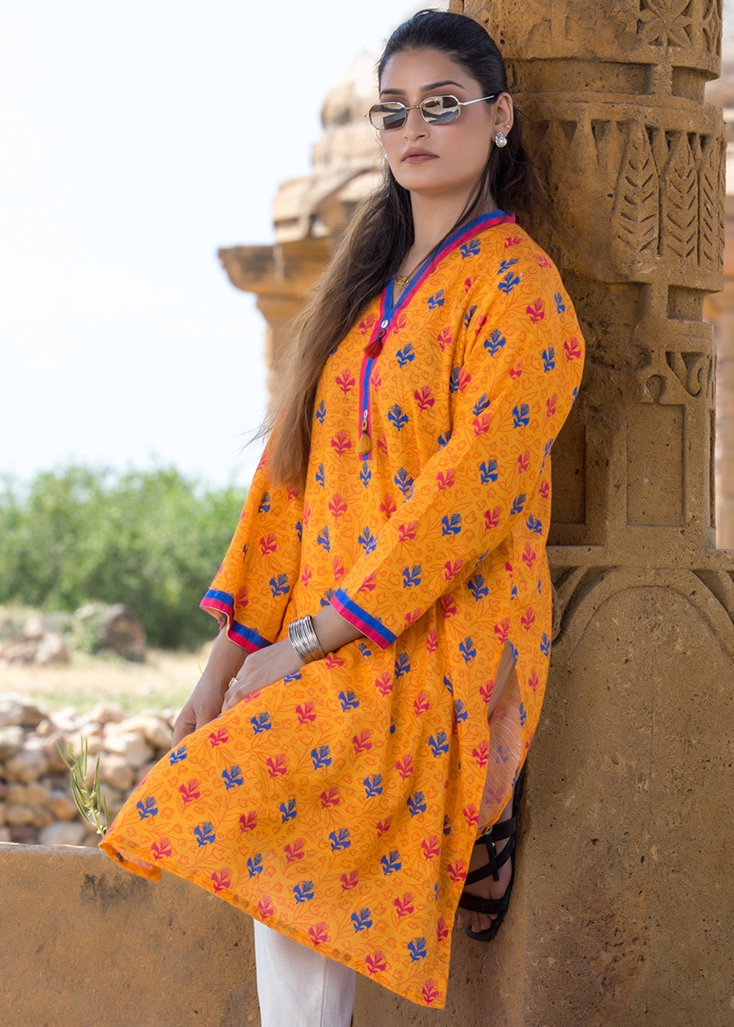 Urban Cut Printed Cotton Stitched Kurta Yellow Women 1pcs