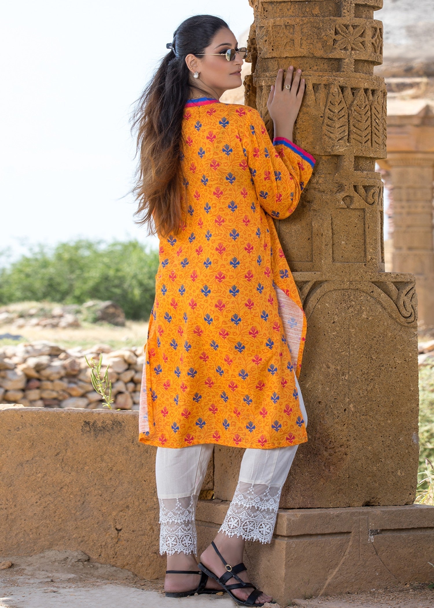 Urban Cut Printed Cotton Stitched Kurta Yellow Women 1pcs