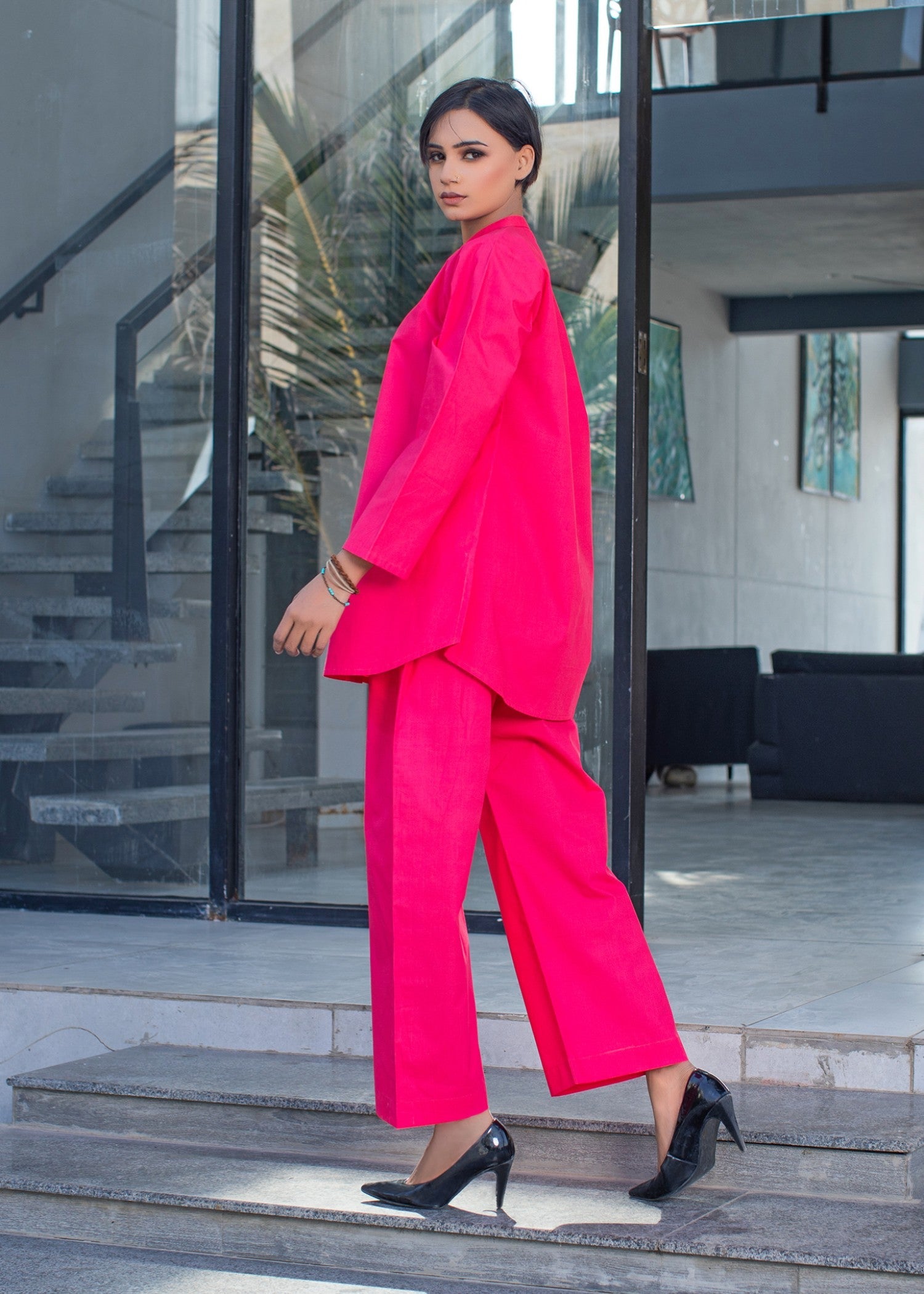 Urban Cut Cotton Embellished Co Ord Set Pink Women 2pcs