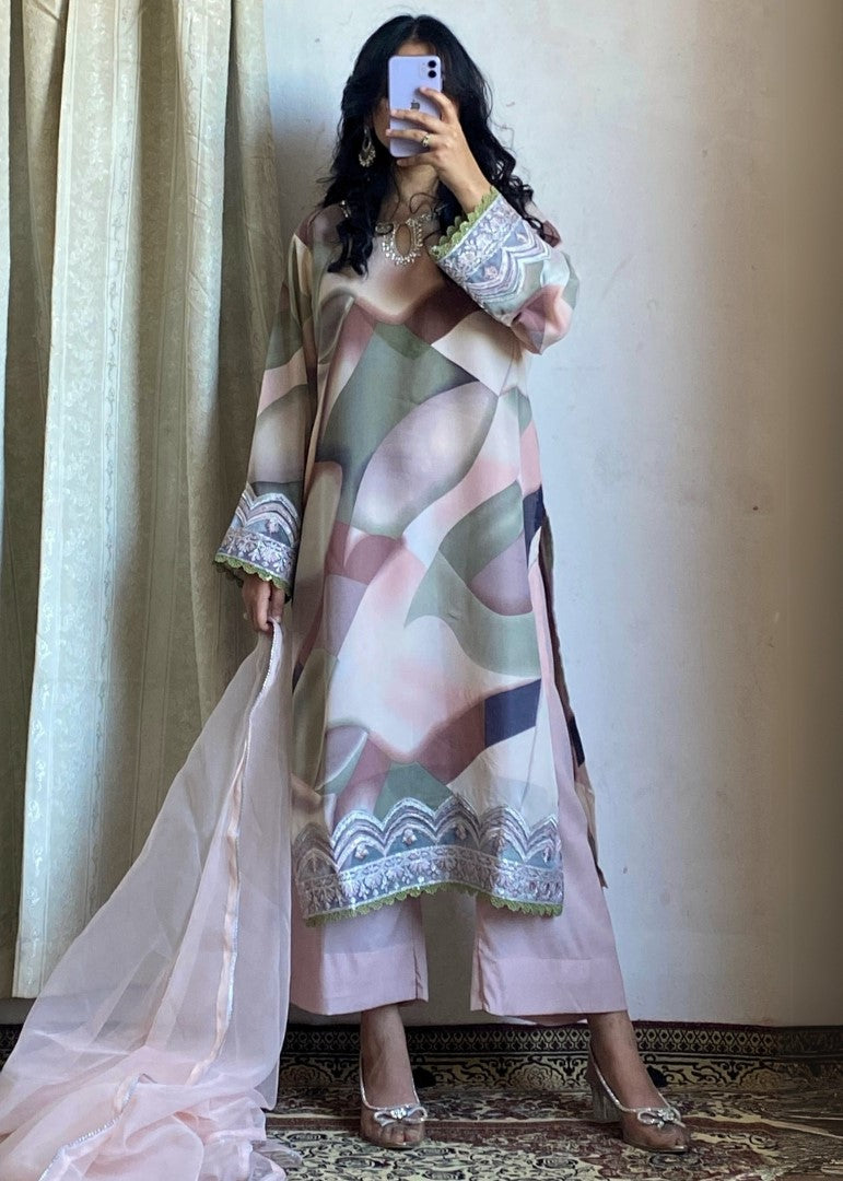 Haya'S Creation Embroidered Baby Pink Printed Chiffon Dress Women 3pcs