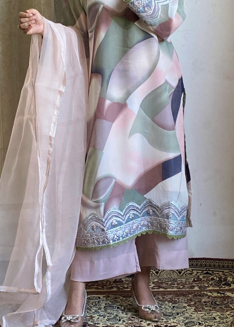 Haya'S Creation Embroidered Baby Pink Printed Chiffon Dress Women 3pcs