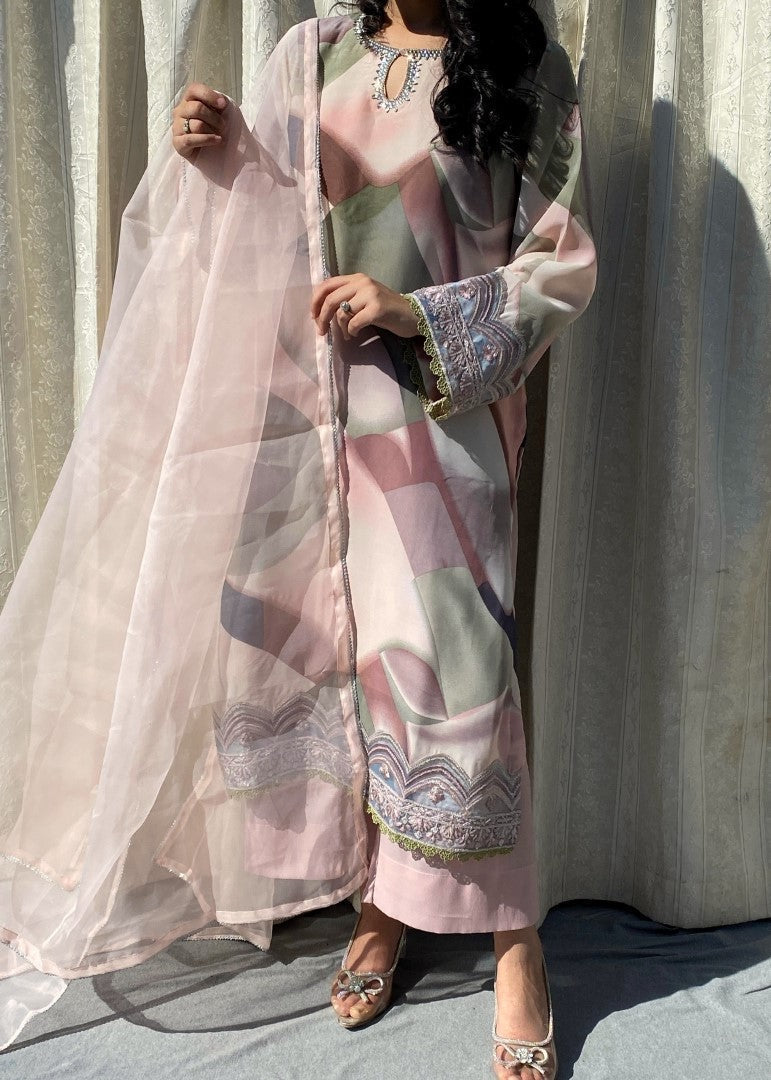 Haya'S Creation Embroidered Baby Pink Printed Chiffon Dress Women 3pcs