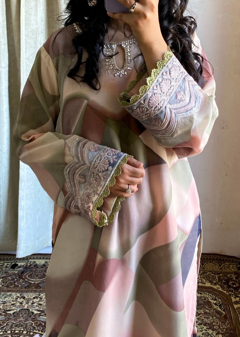 Haya'S Creation Embroidered Baby Pink Printed Chiffon Dress Women 3pcs