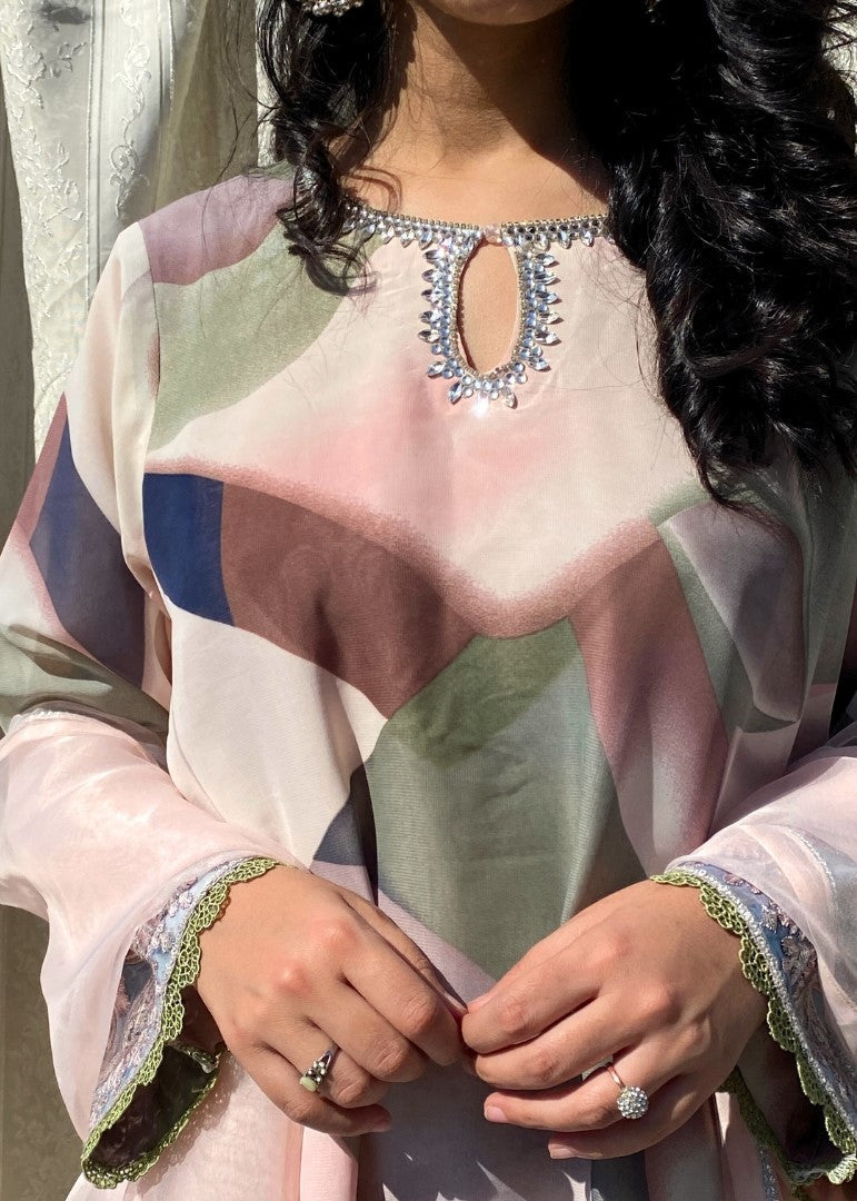 Haya'S Creation Embroidered Baby Pink Printed Chiffon Dress Women 3pcs