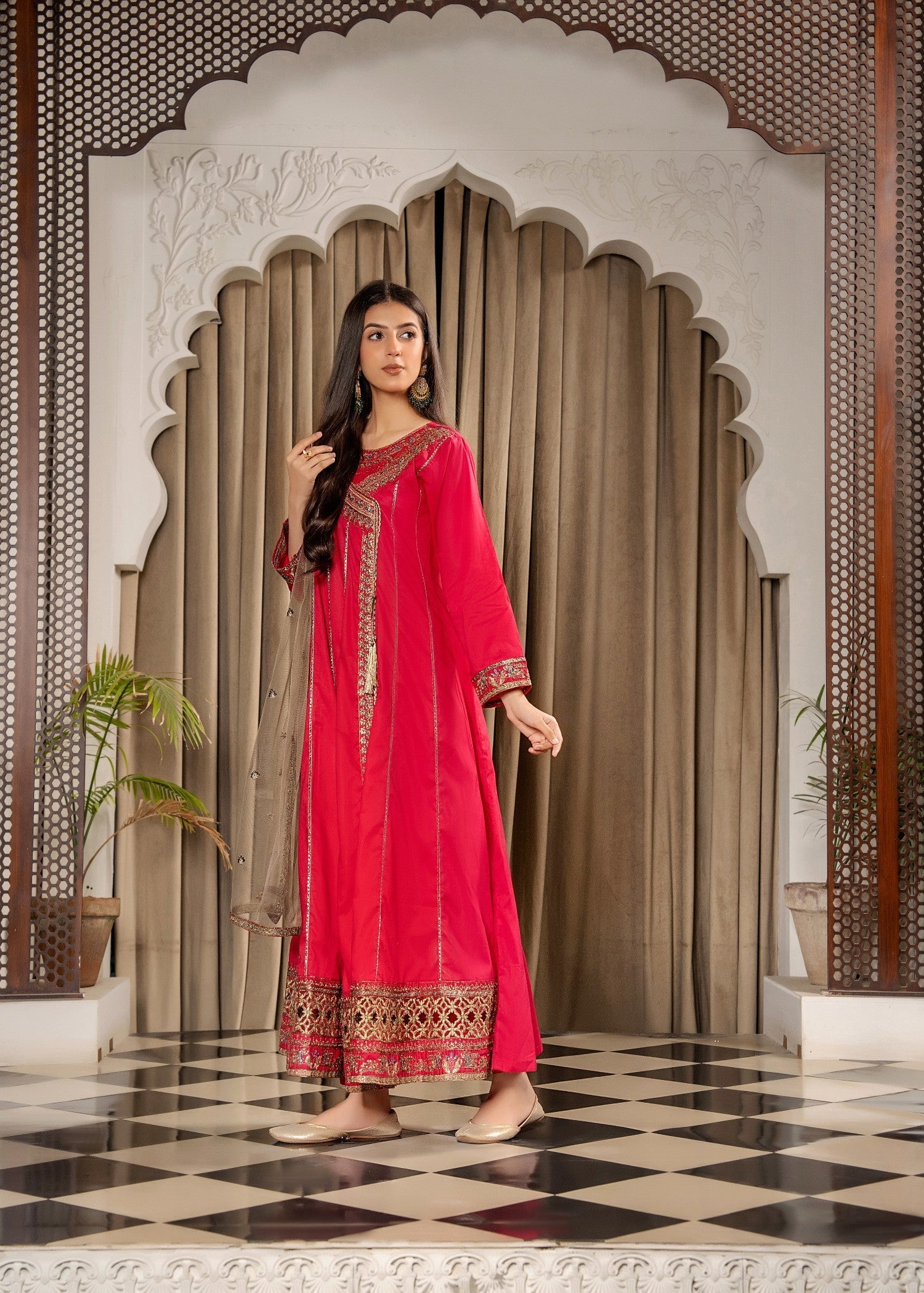 Khubsurat 3701 KH CT Hot Pink Embroidery Frock Angrakha Coton Women 3pcs