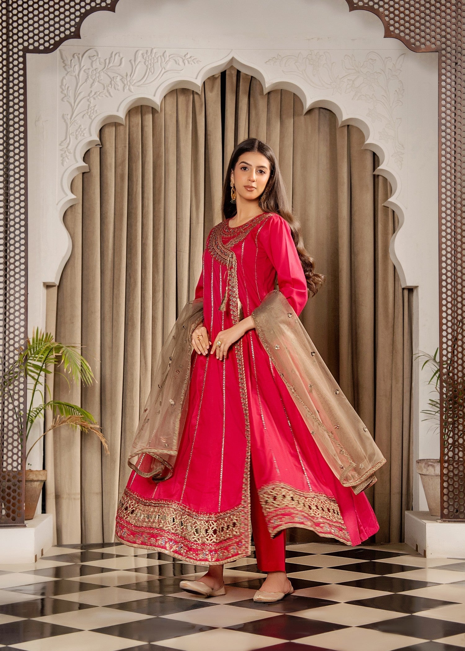 Khubsurat 3701 KH CT Hot Pink Embroidery Frock Angrakha Coton Women 3pcs