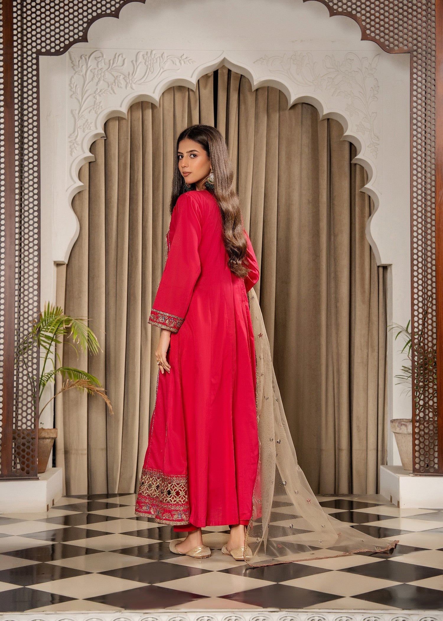 Khubsurat 3701 KH CT Hot Pink Embroidery Frock Angrakha Coton Women 3pcs