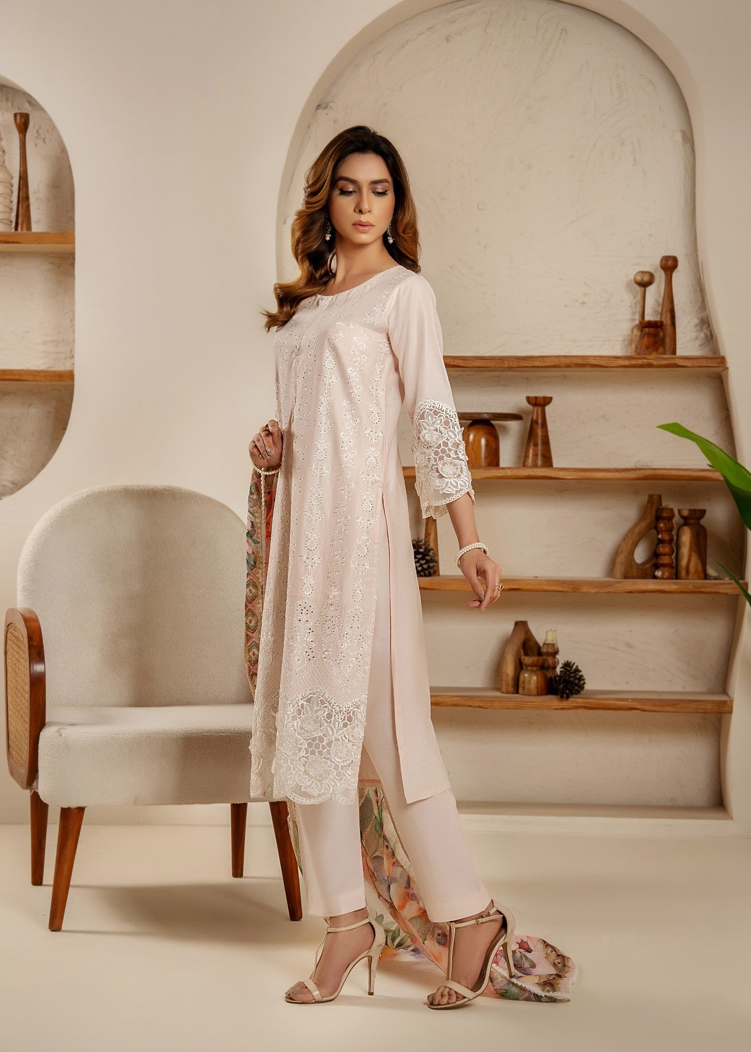 Khubsurat 3854 KH CT Peach Embroidery Long Shirt Coton Women 3pcs