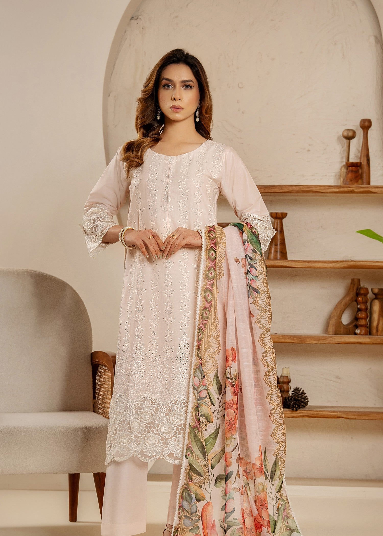Khubsurat 3854 KH CT Peach Embroidery Long Shirt Coton Women 3pcs