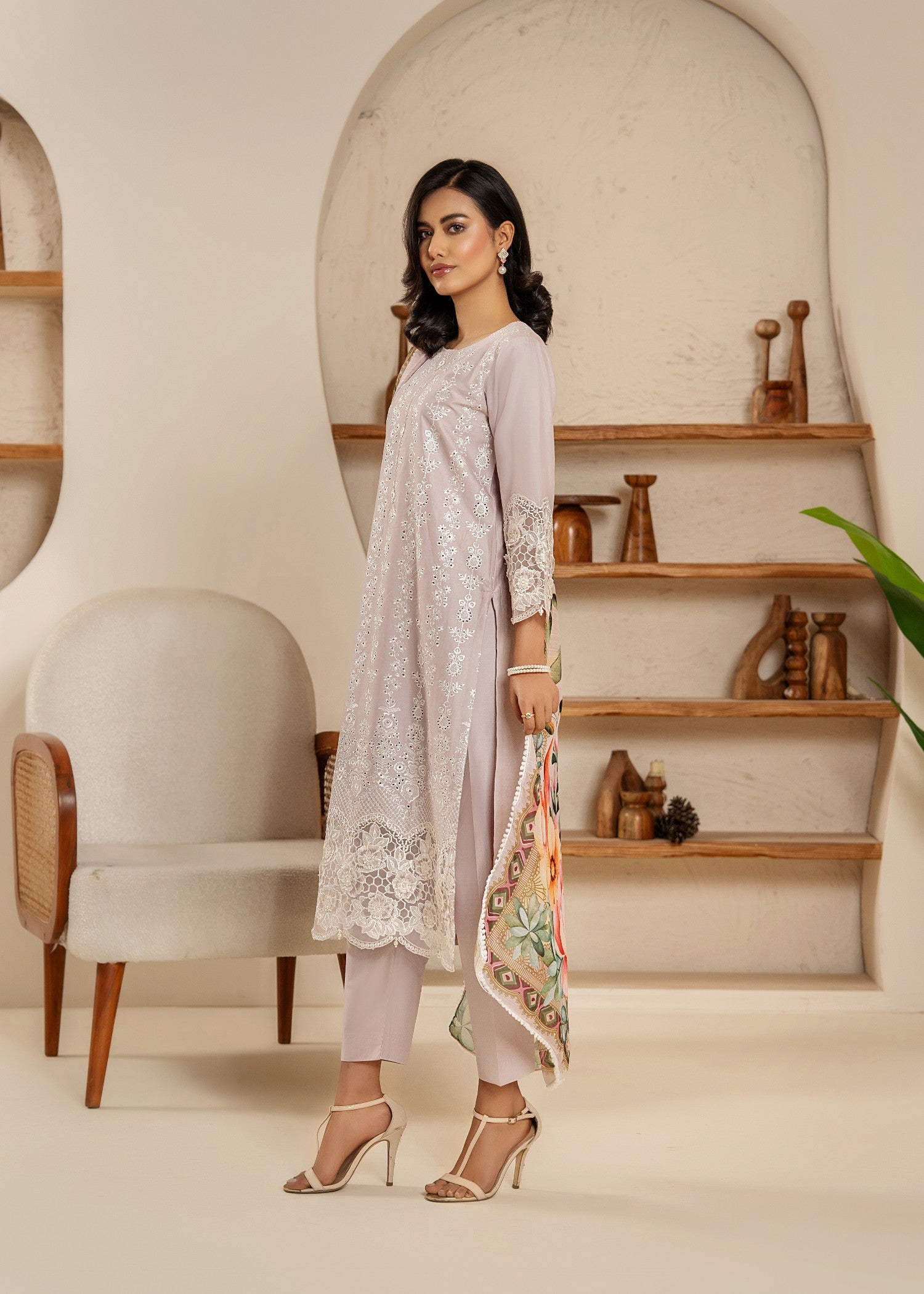 Khubsurat 3854 KH CT Lilac Embroidery Long Shirt Coton Women 3pcs