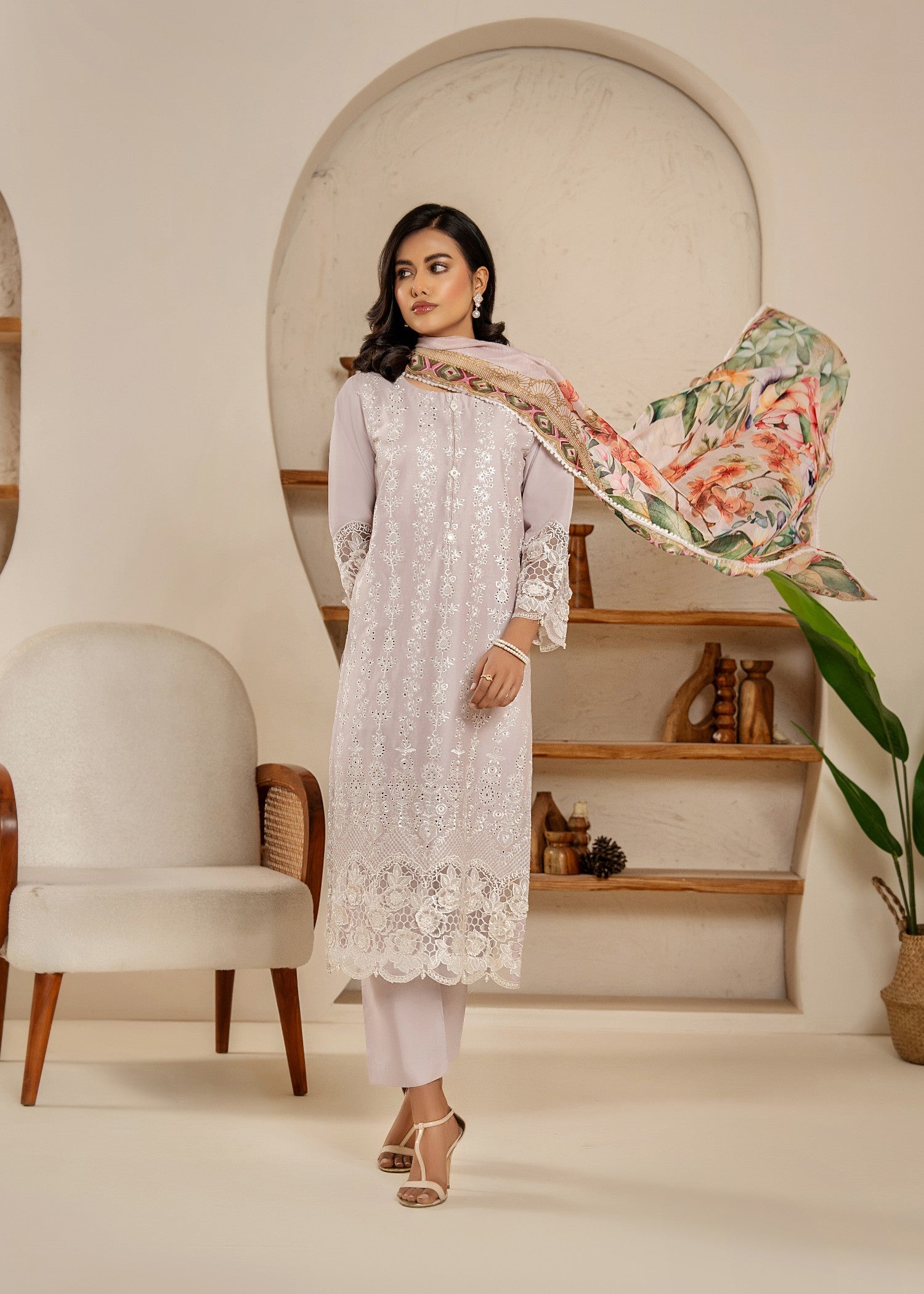 Khubsurat 3854 KH CT Lilac Embroidery Long Shirt Coton Women 3pcs