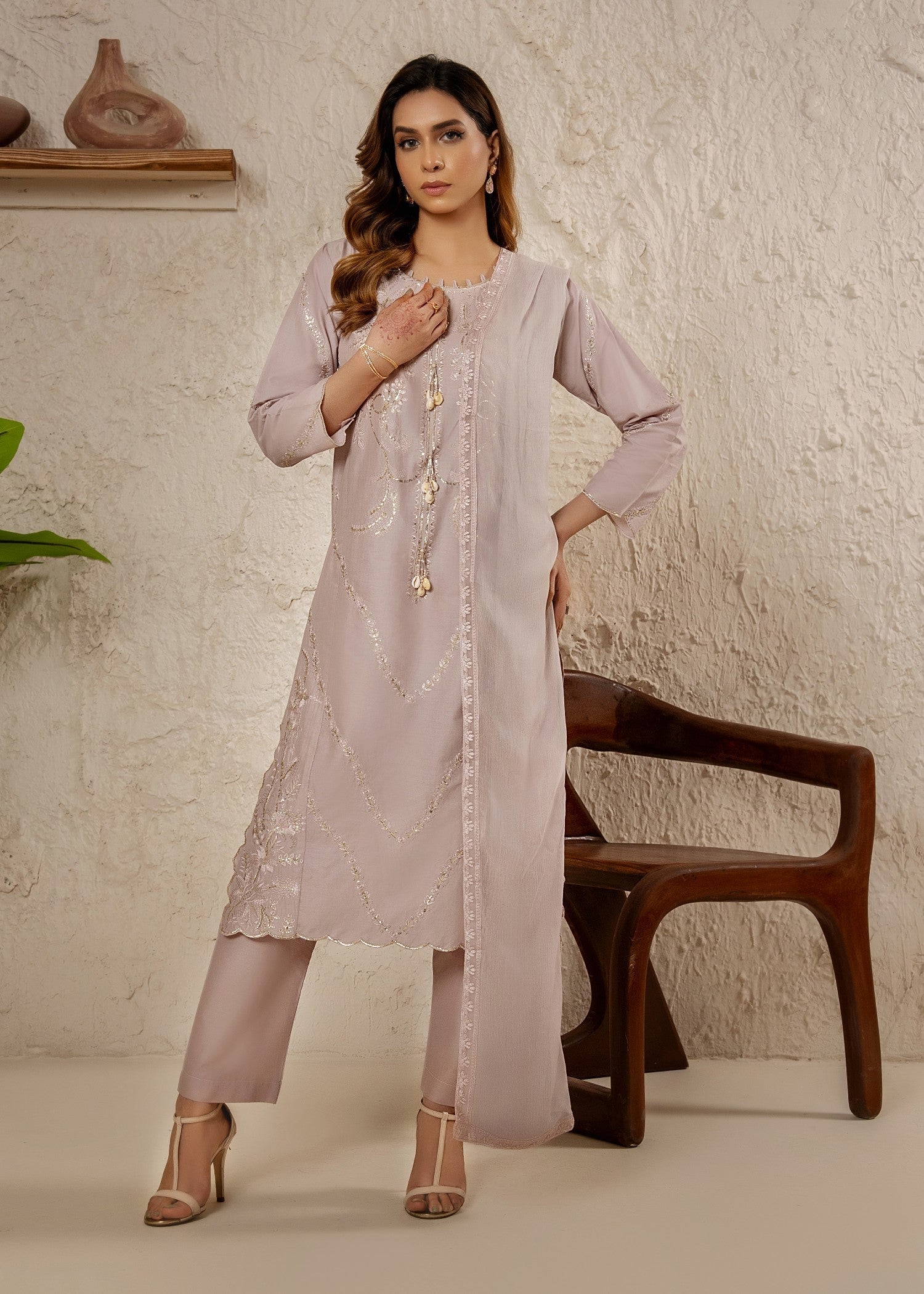 Khubsurat 4040 KH CT Lilac Embroidery Long Shirt Coton Women 3pcs