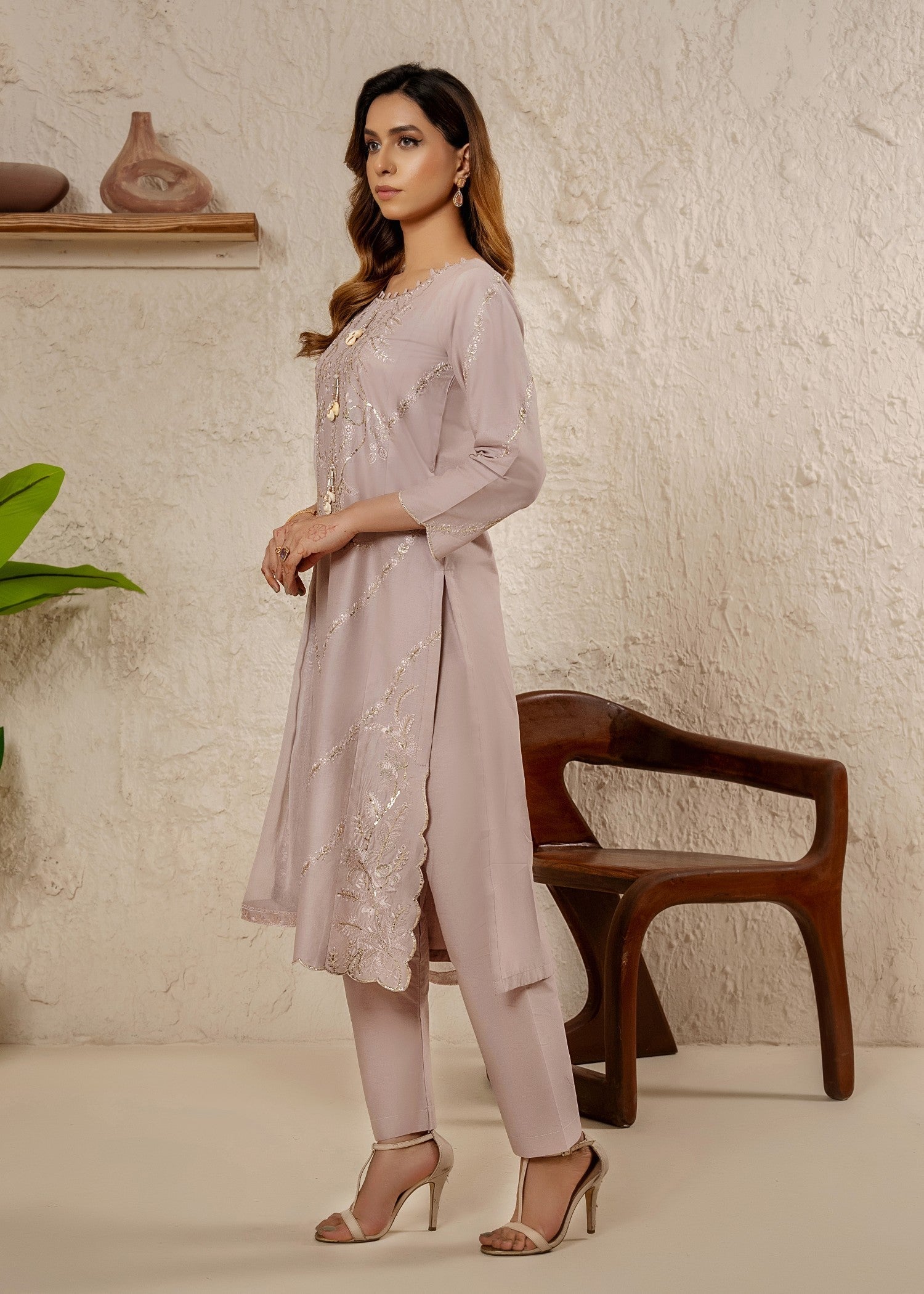 Khubsurat 4040 KH CT Lilac Embroidery Long Shirt Coton Women 3pcs
