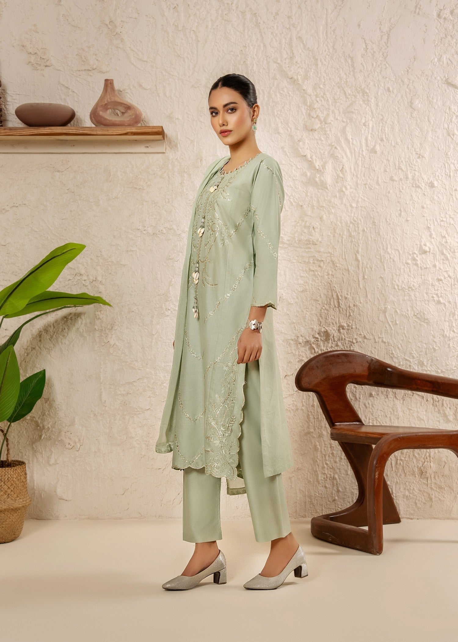 Khubsurat 4040 KH CT Pista Embroidery Long Shirt Coton Women 3pcs