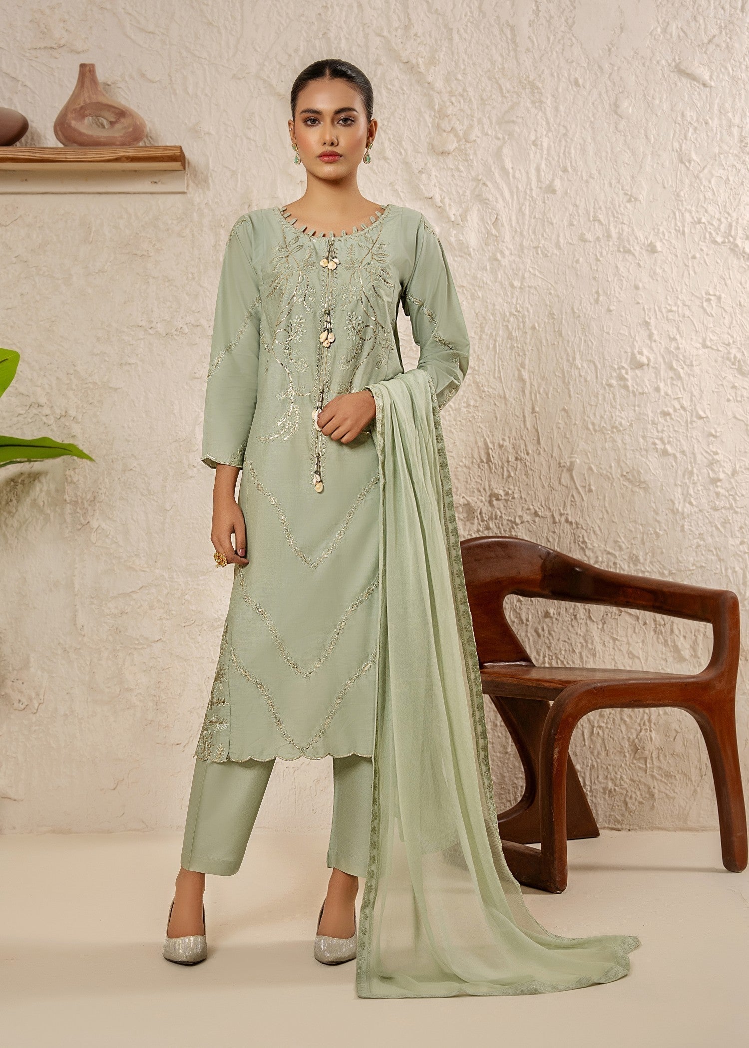 Khubsurat 4040 KH CT Pista Embroidery Long Shirt Coton Women 3pcs