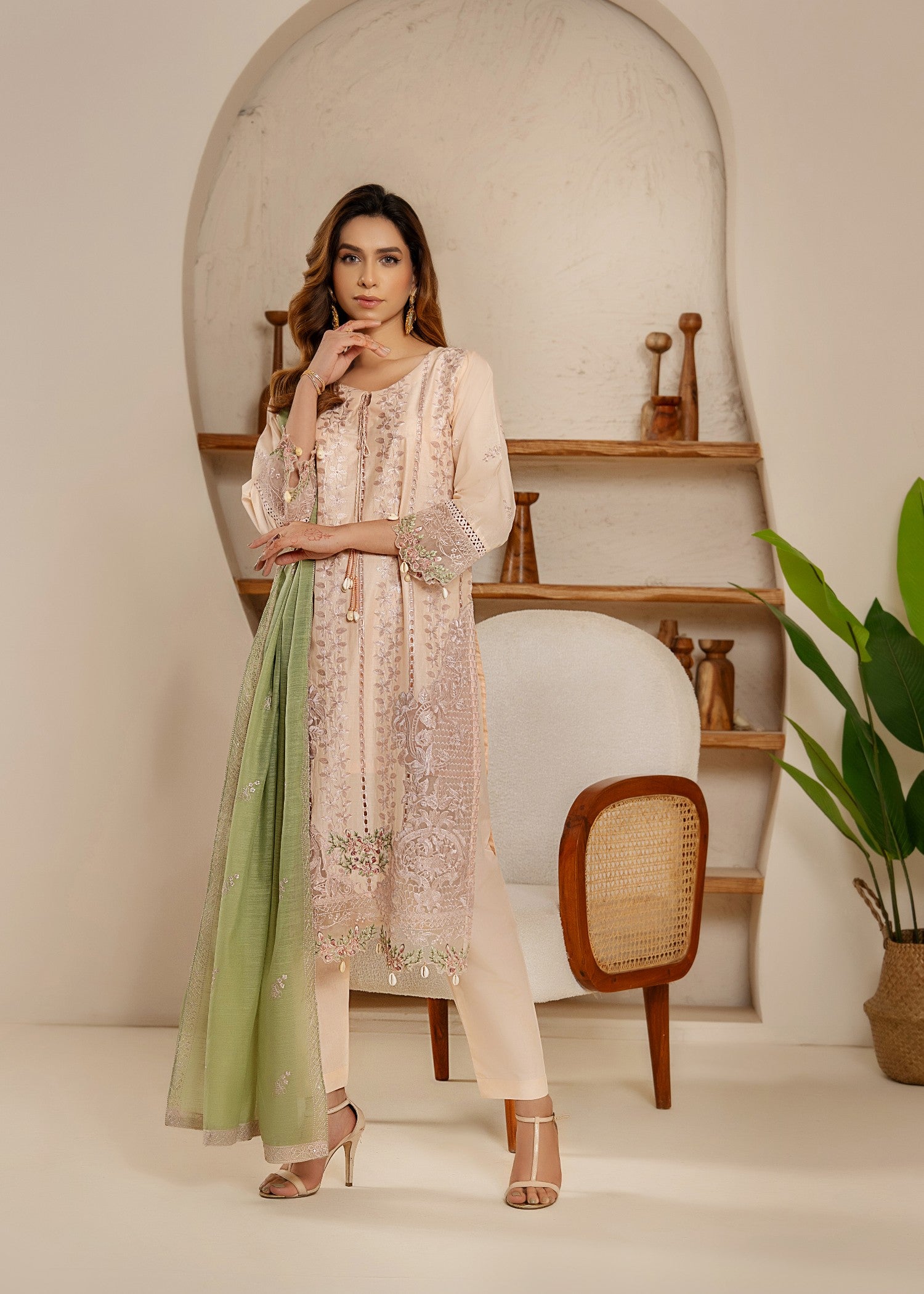 Khubsurat 4114 KH CT Peach Embroidery Long Shirt Cotton Women 3pcs