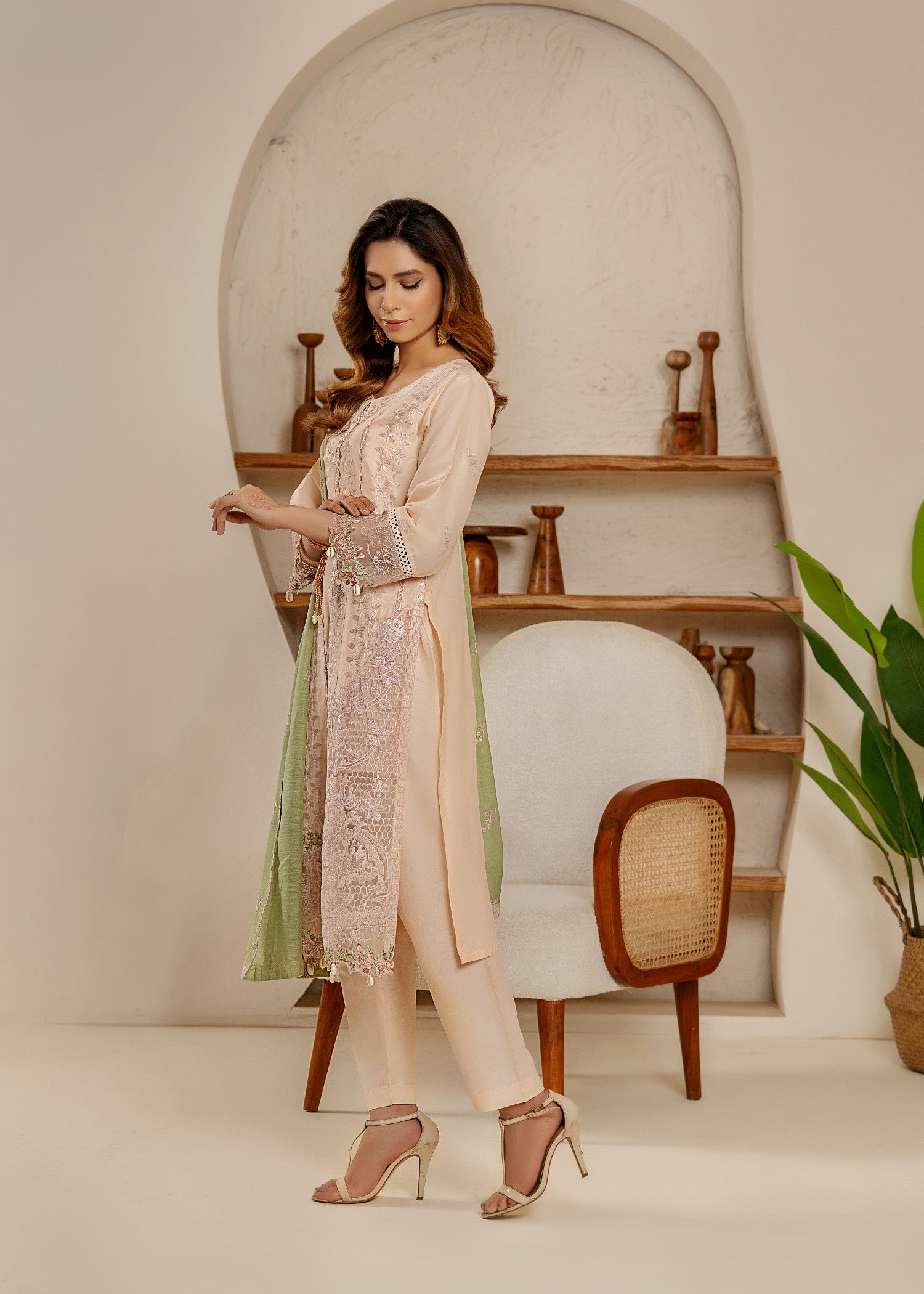 Khubsurat 4114 KH CT Peach Embroidery Long Shirt Cotton Women 3pcs