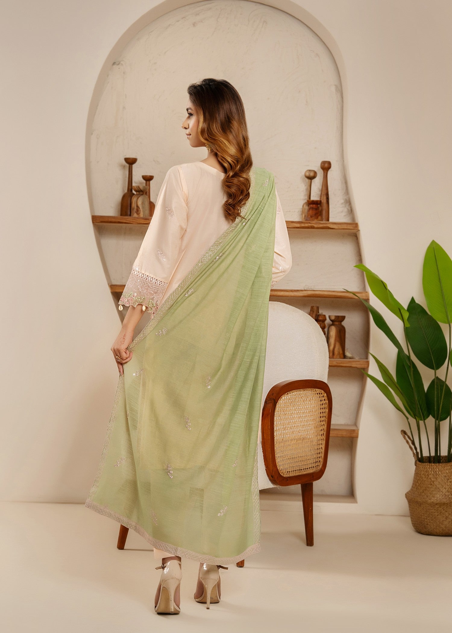 Khubsurat 4114 KH CT Peach Embroidery Long Shirt Cotton Women 3pcs