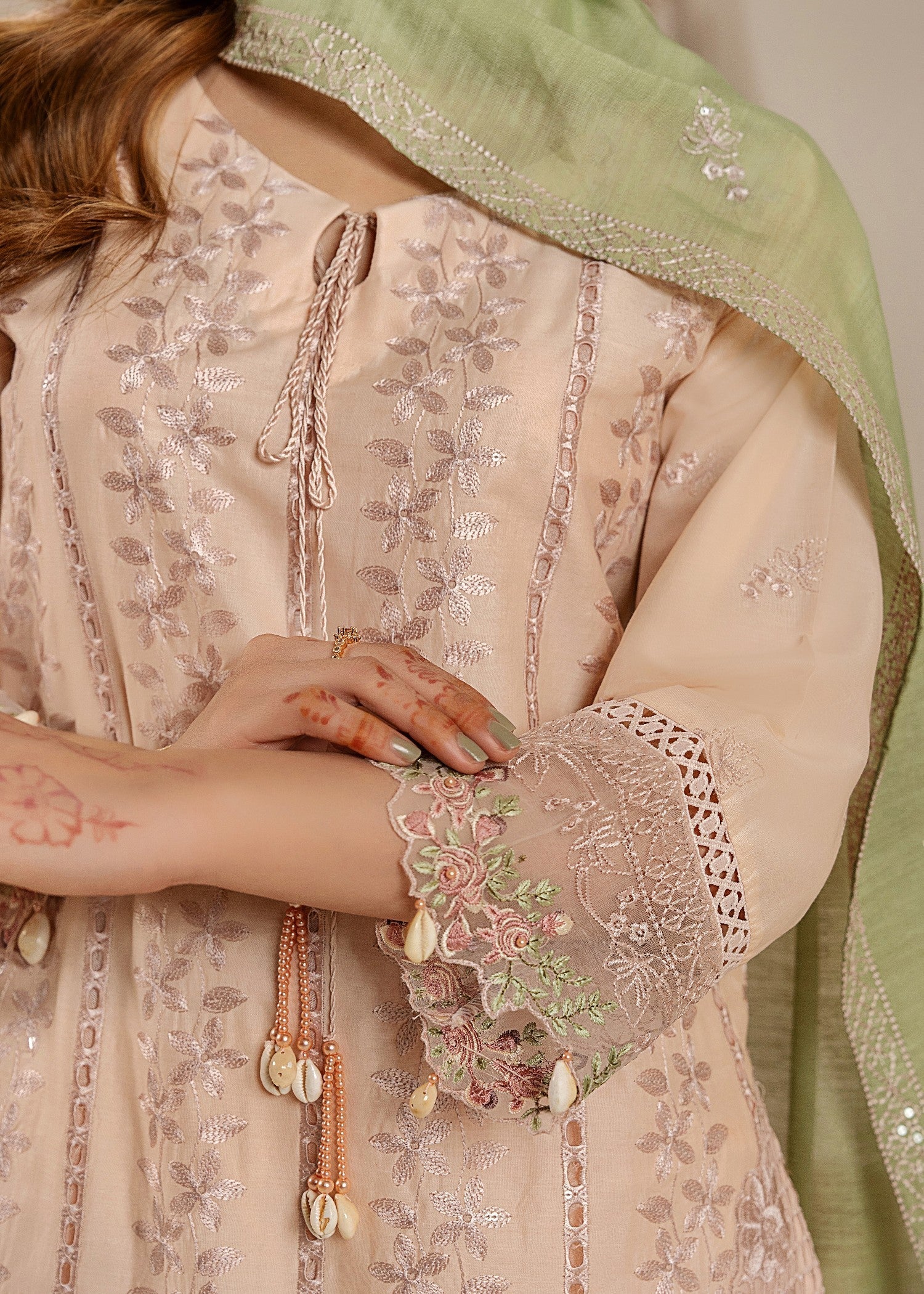 Khubsurat 4114 KH CT Peach Embroidery Long Shirt Cotton Women 3pcs