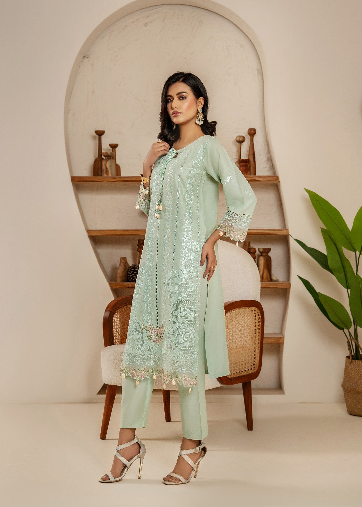 Khubsurat 4114 KH CT Pista Embroidery Long Shirt Cotton Women 3pcs