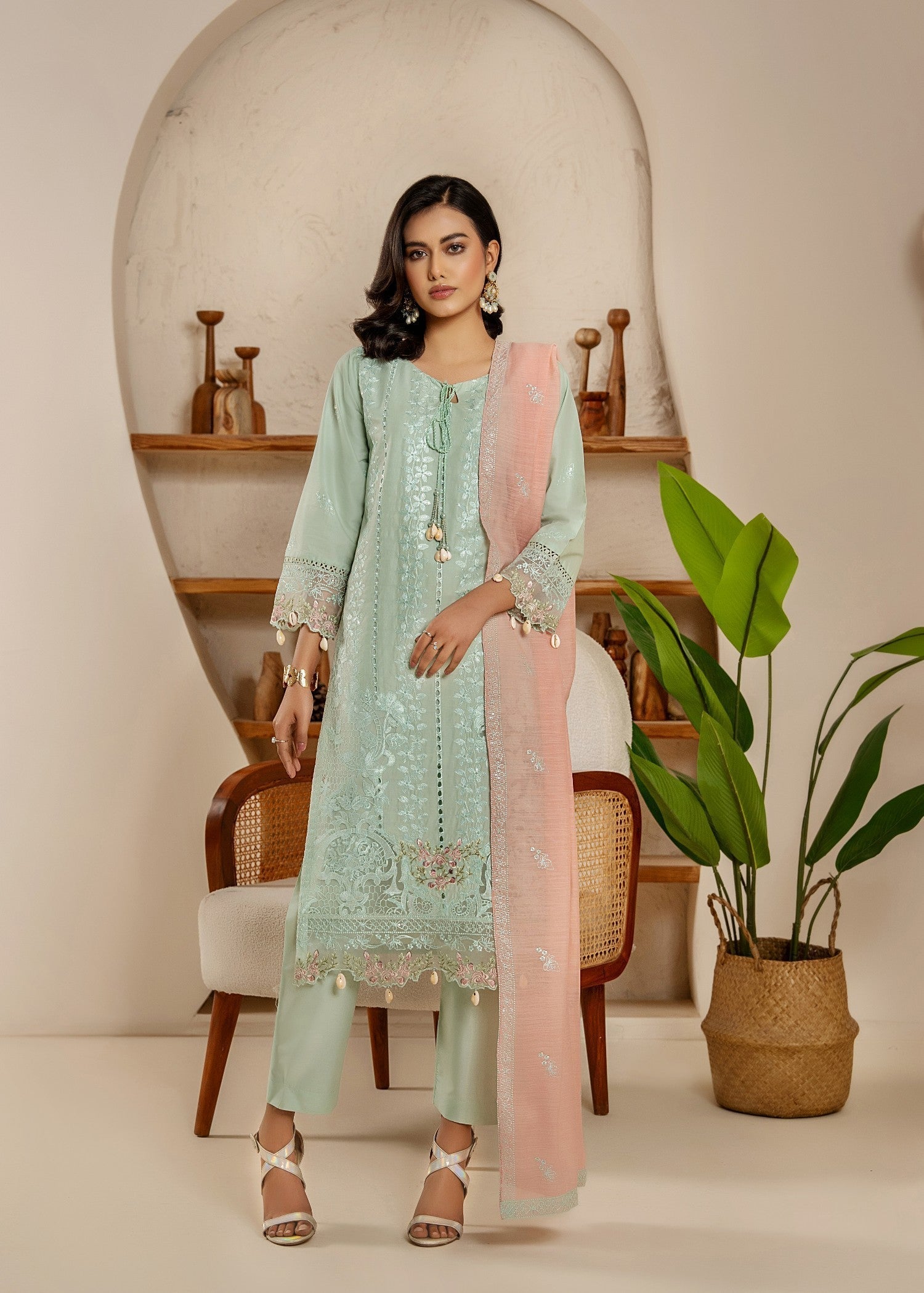 Khubsurat 4114 KH CT Pista Embroidery Long Shirt Cotton Women 3pcs