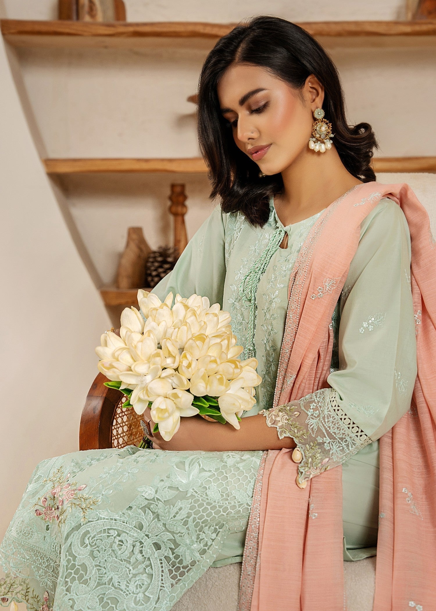 Khubsurat 4114 KH CT Pista Embroidery Long Shirt Cotton Women 3pcs