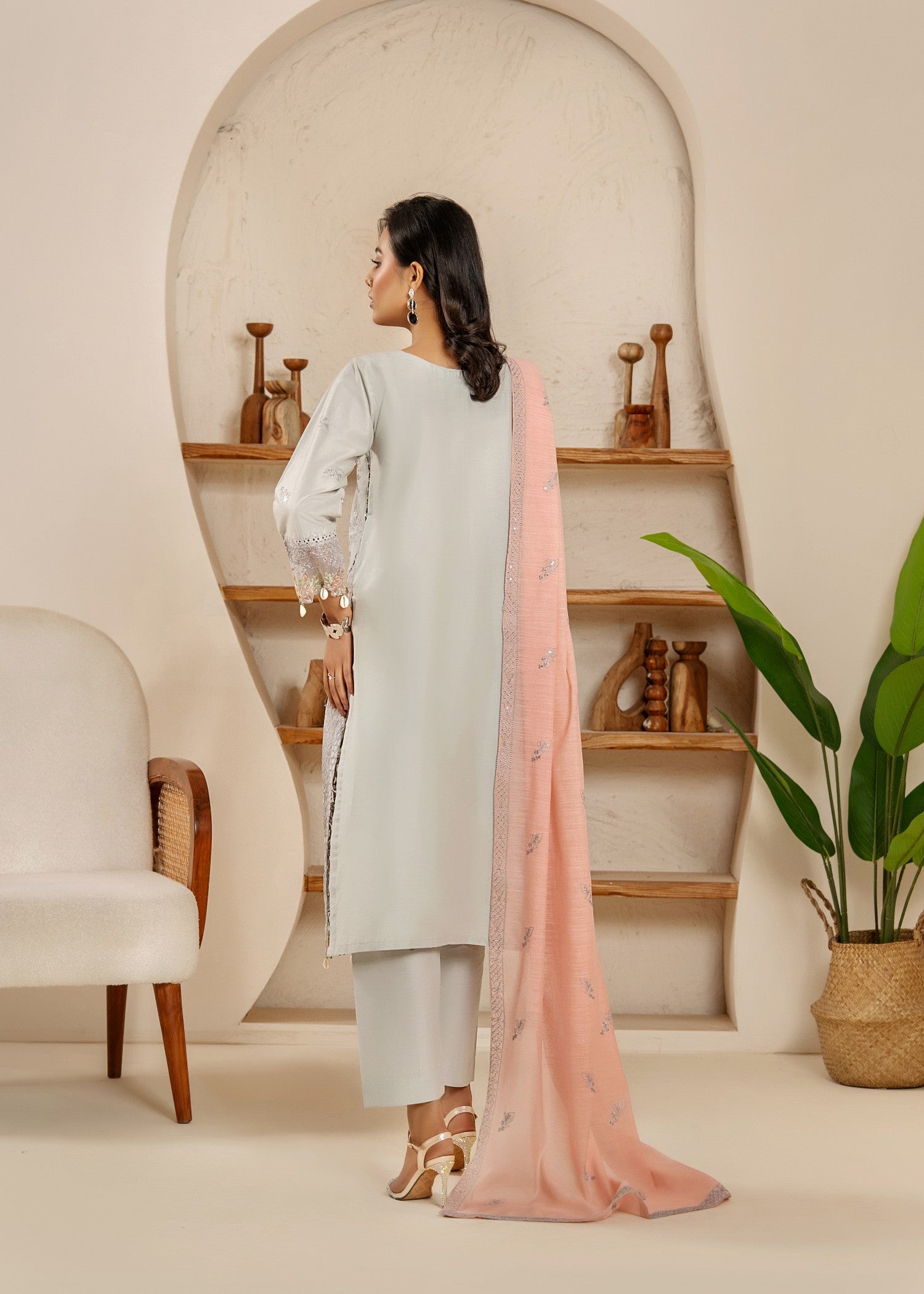 Khubsurat 4114 KH CT Silver Gray Embroidery Long Shirt Cotton Women 3pcs