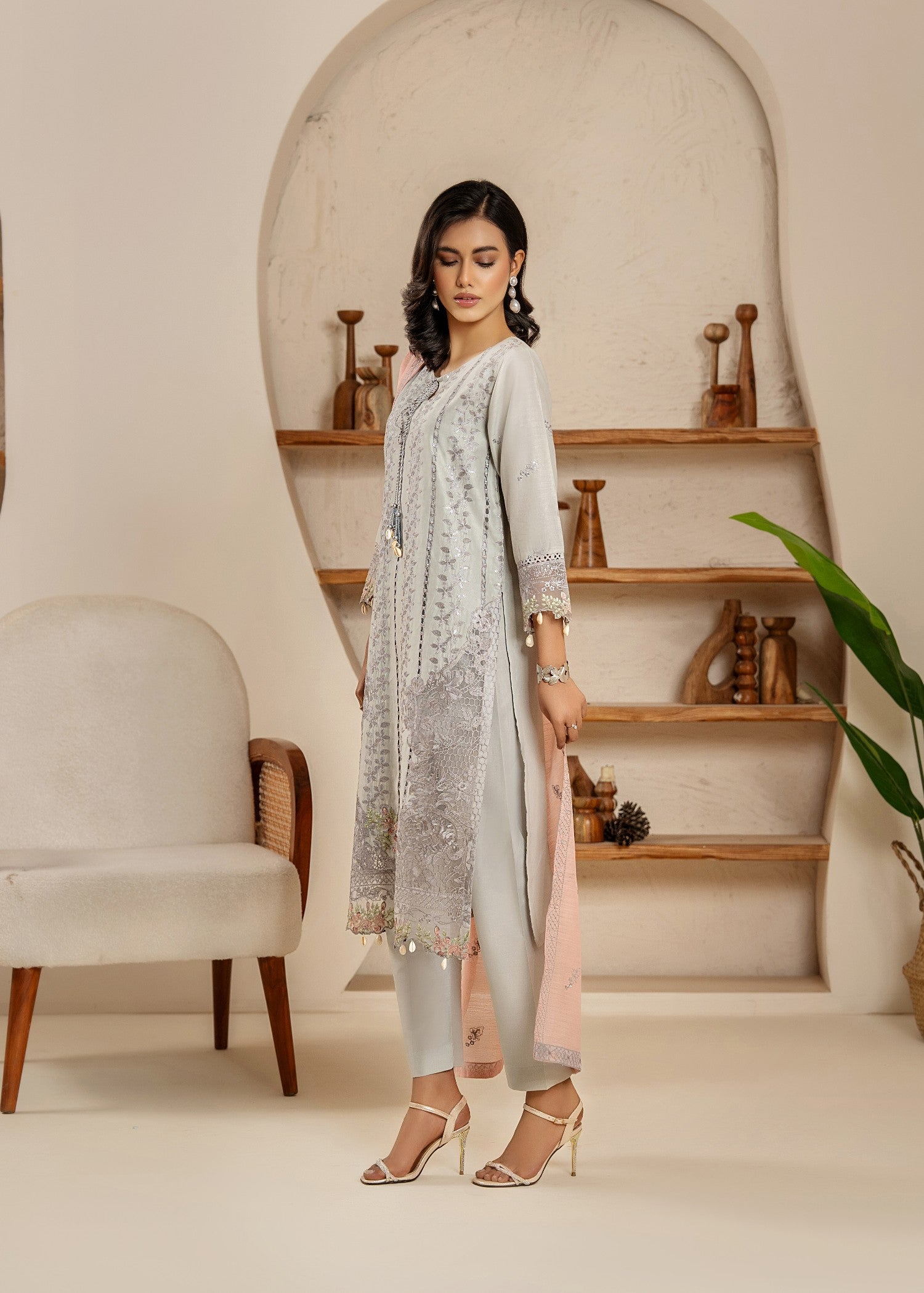 Khubsurat 4114 KH CT Silver Gray Embroidery Long Shirt Cotton Women 3pcs