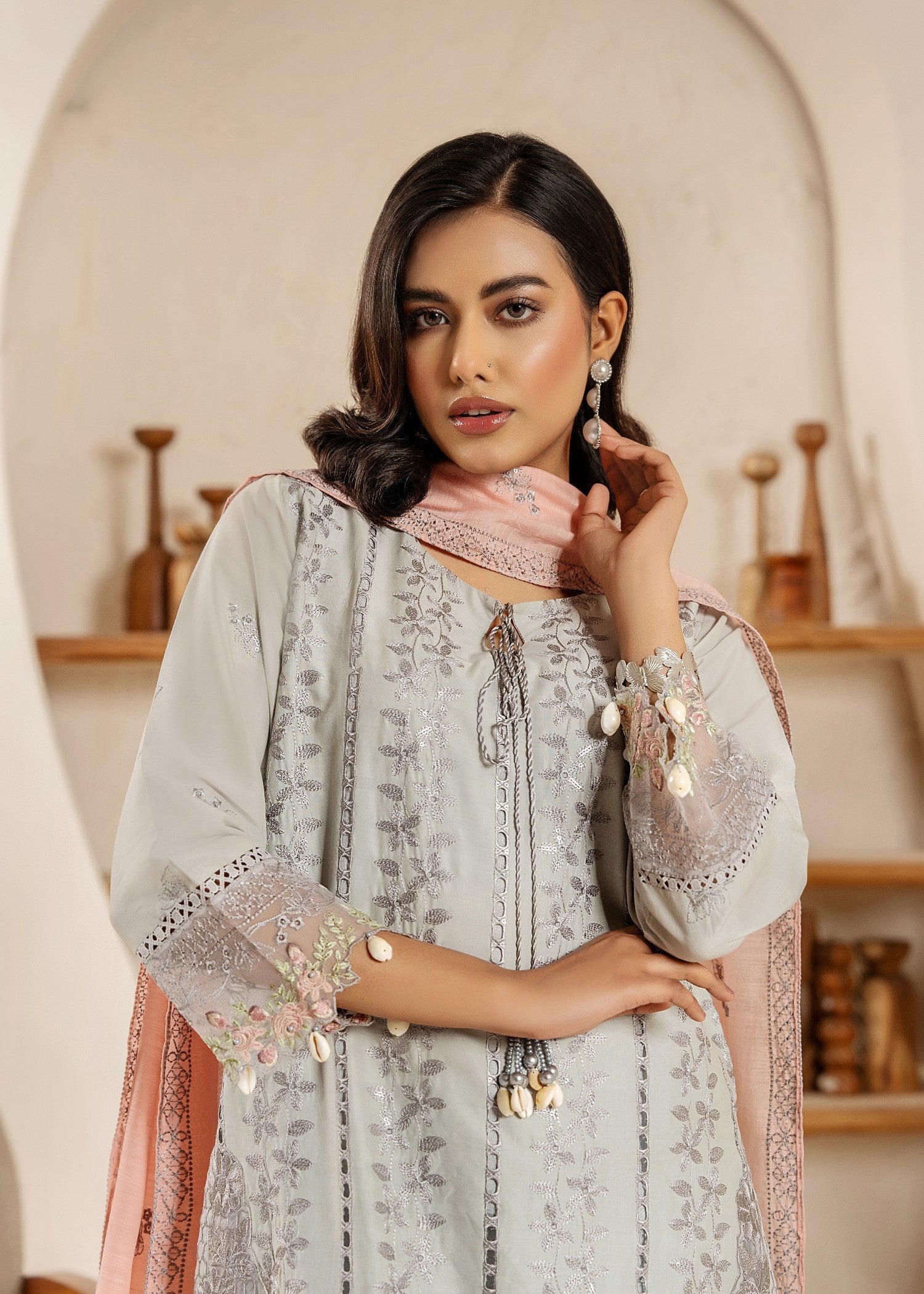 Khubsurat 4114 KH CT Silver Gray Embroidery Long Shirt Cotton Women 3pcs
