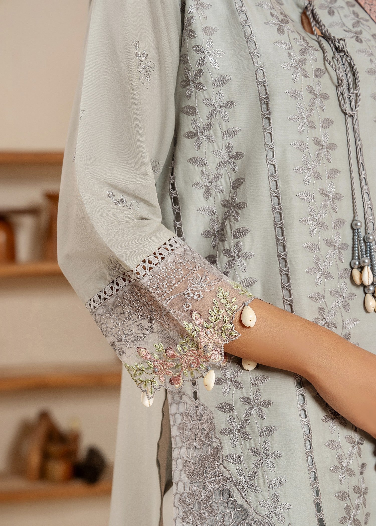 Khubsurat 4114 KH CT Silver Gray Embroidery Long Shirt Cotton Women 3pcs