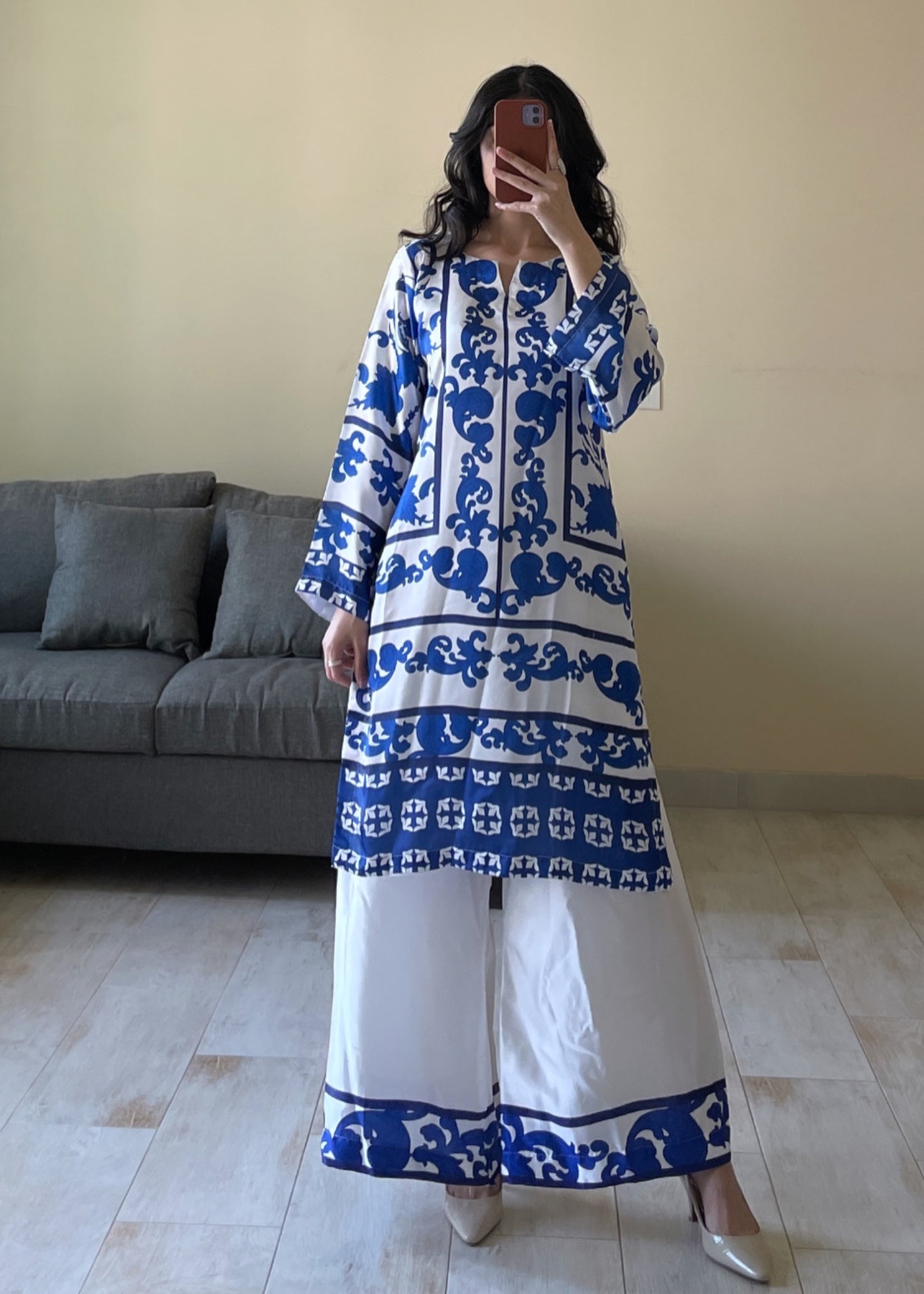 Ayesha B white&blue printed silk Women 2pcs