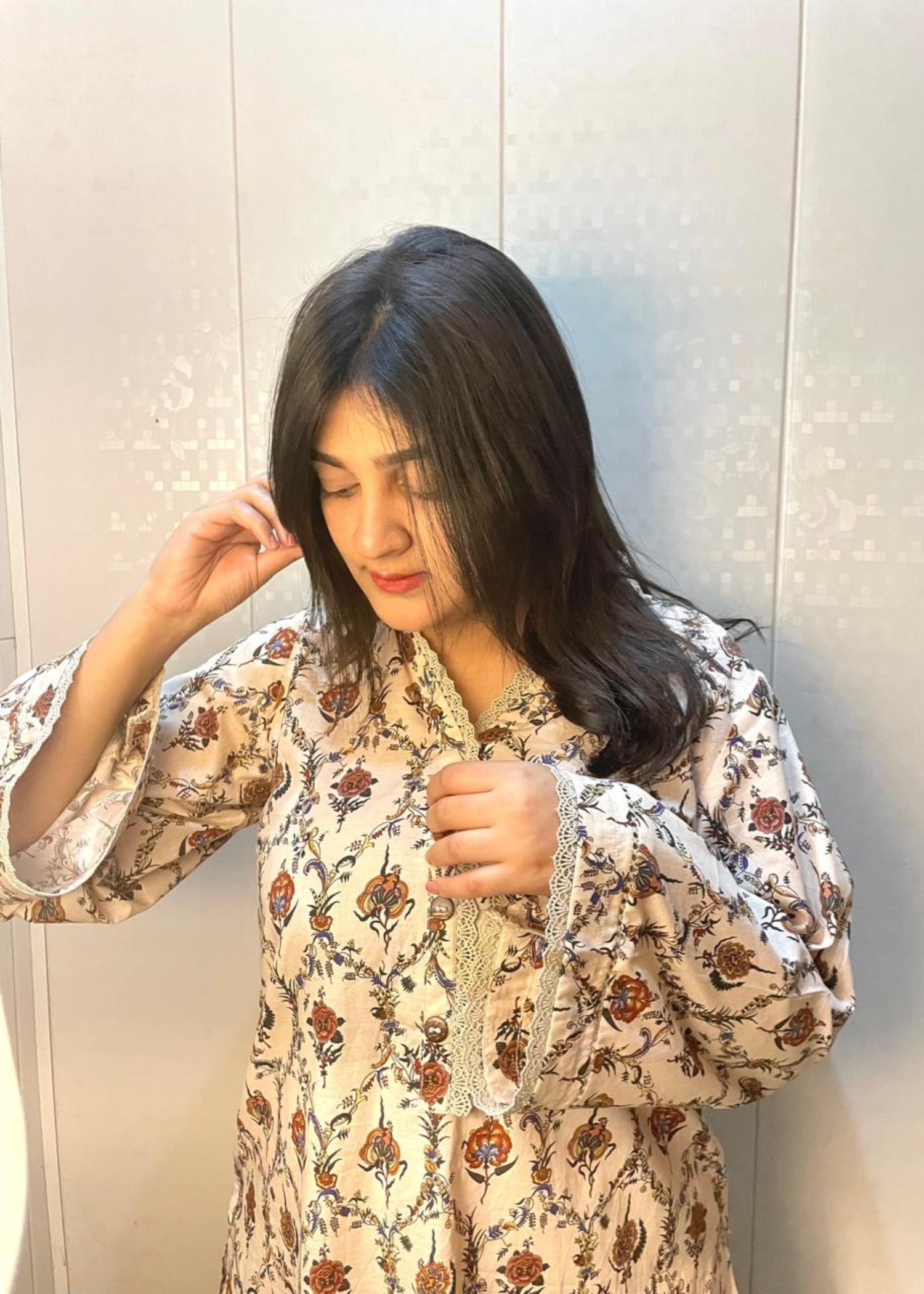 Urban Cut Cotton Printed Co Ord Set Lace Work Cream Women 2pcs