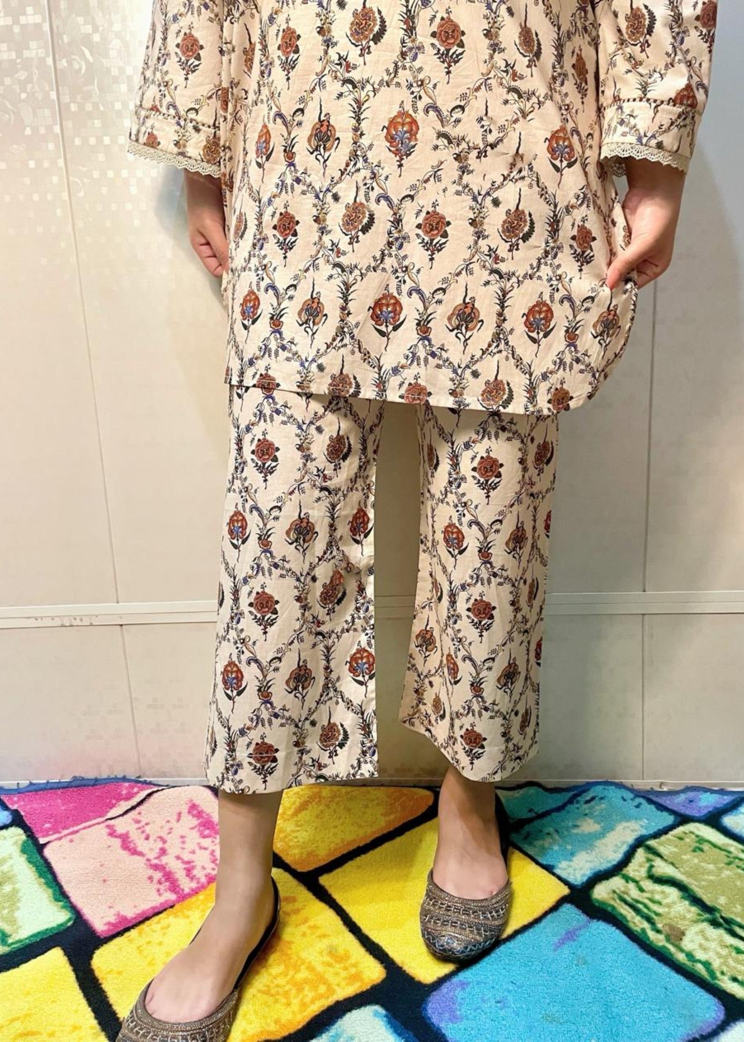 Urban Cut Cotton Printed Co Ord Set Lace Work Cream Women 2pcs