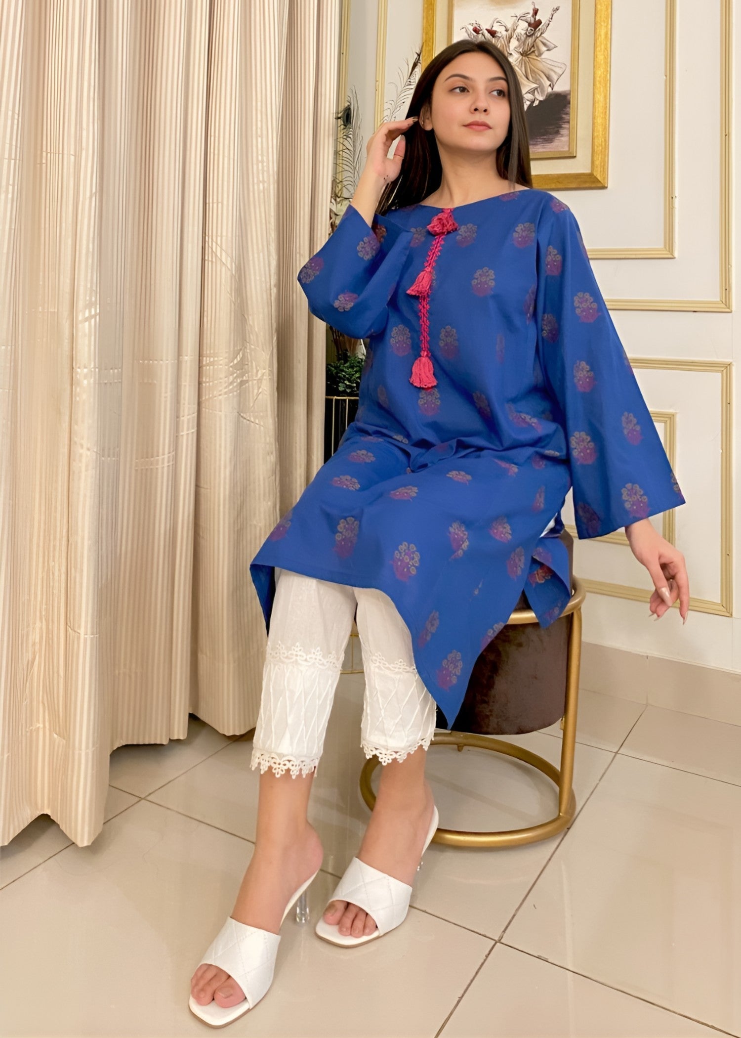 Urban Cut Premium Cotton Yarn Dyed Dobby Kurti Navy Women 1pcs